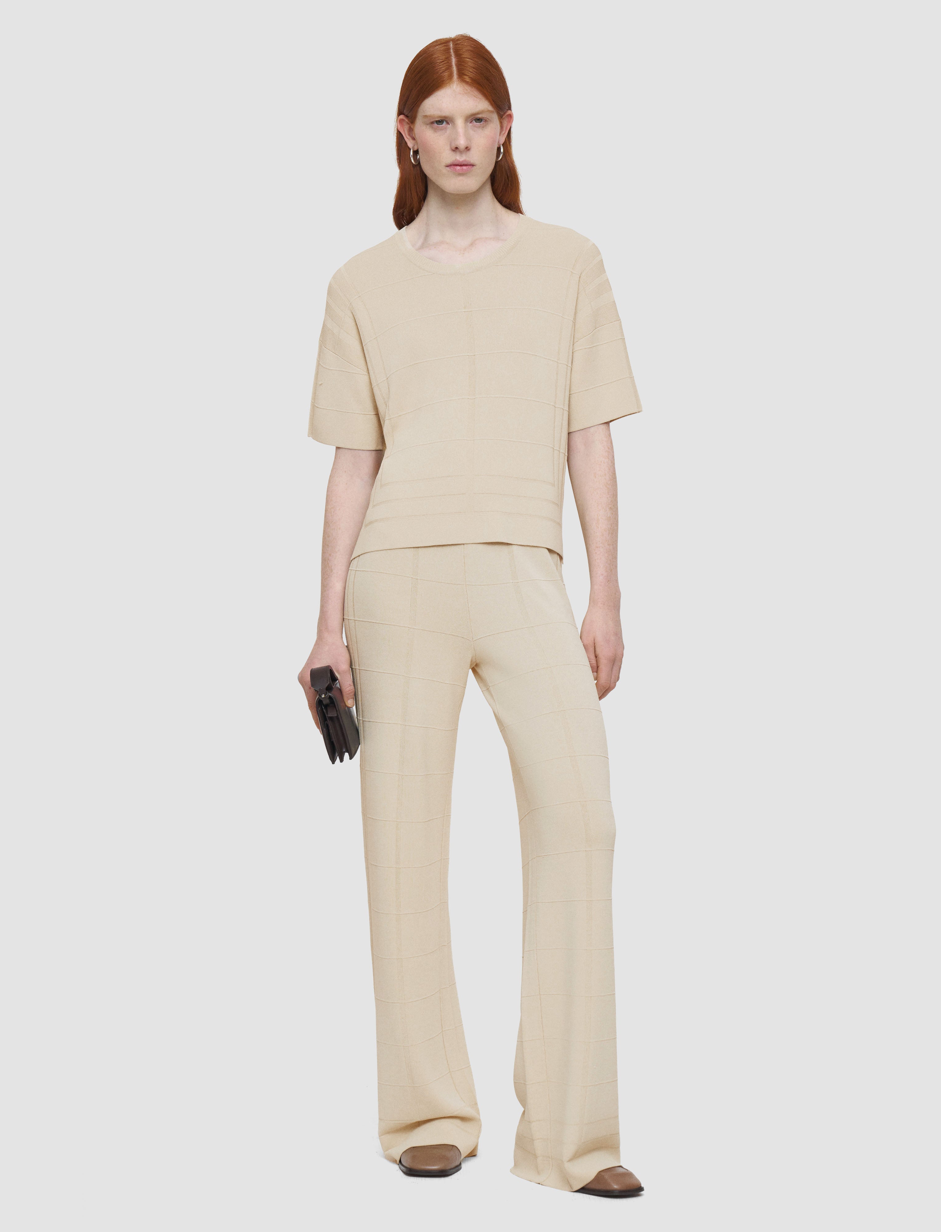 beige-viscose-grid-knit-t-shirt-JOSEPH