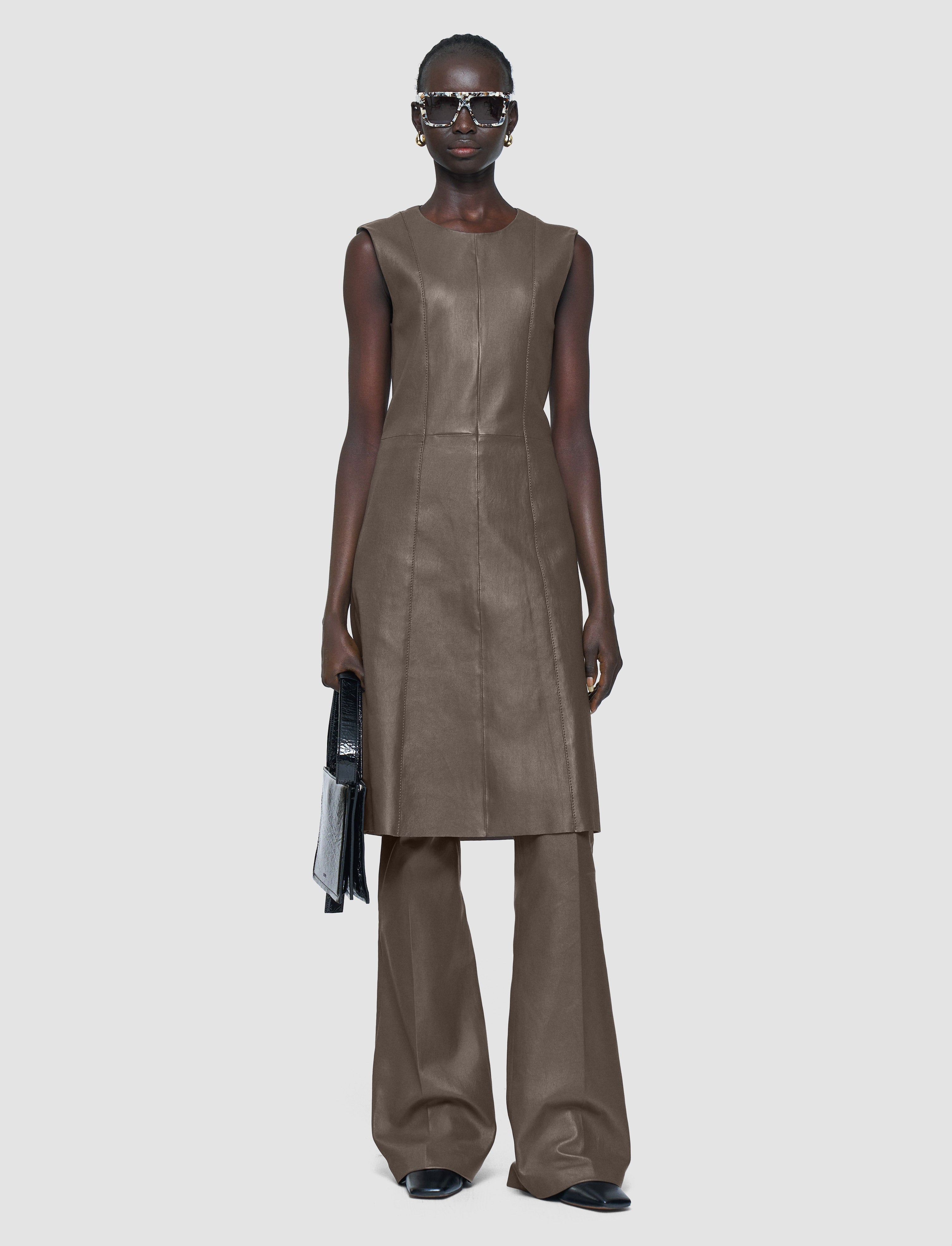 marron-robe-heidi-en-cuir-stretch-JOSEPH