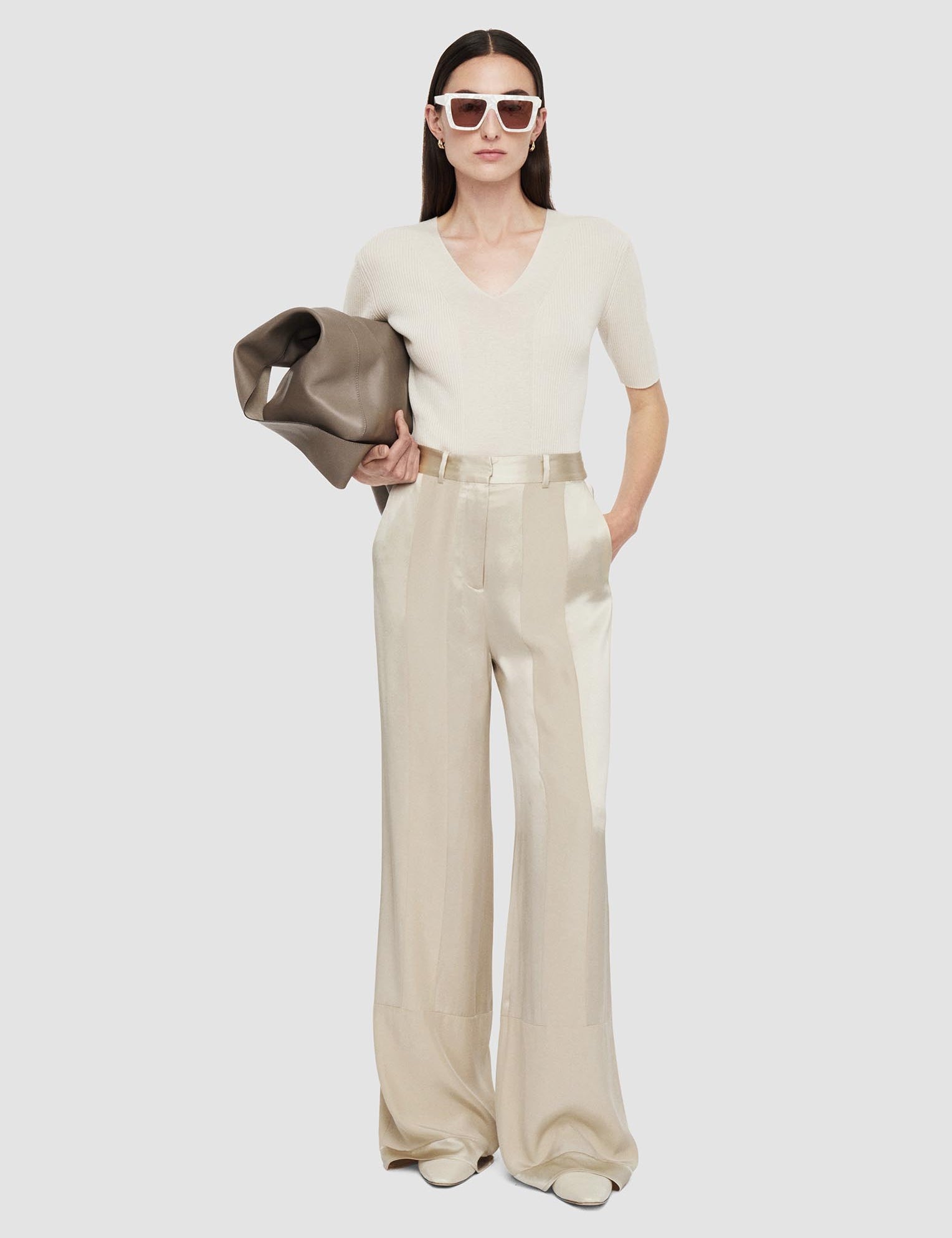 Beige Corto Shiny Matte Satin Trousers - Joseph