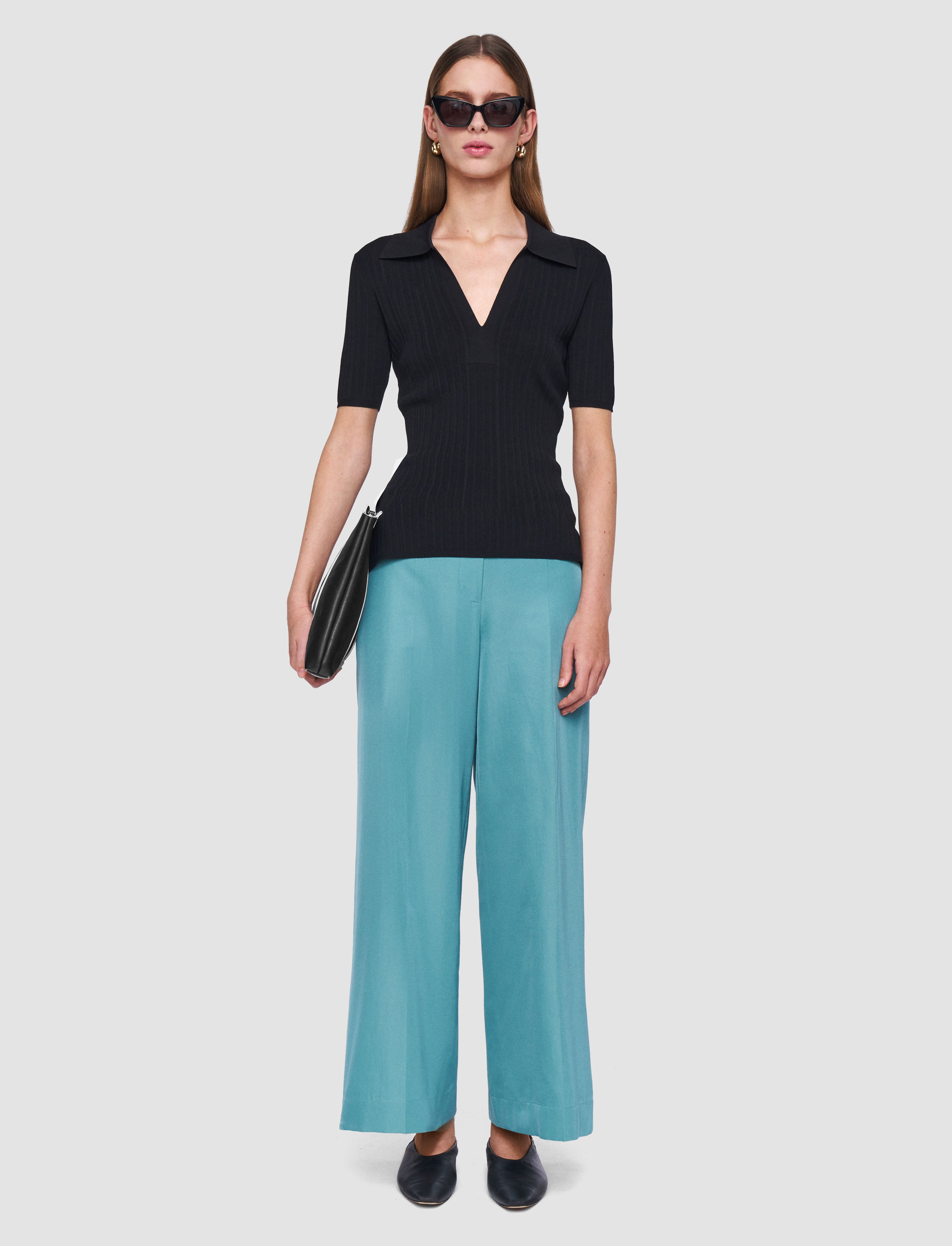 black-viscose-rib-knit-polo-top-JOSEPH