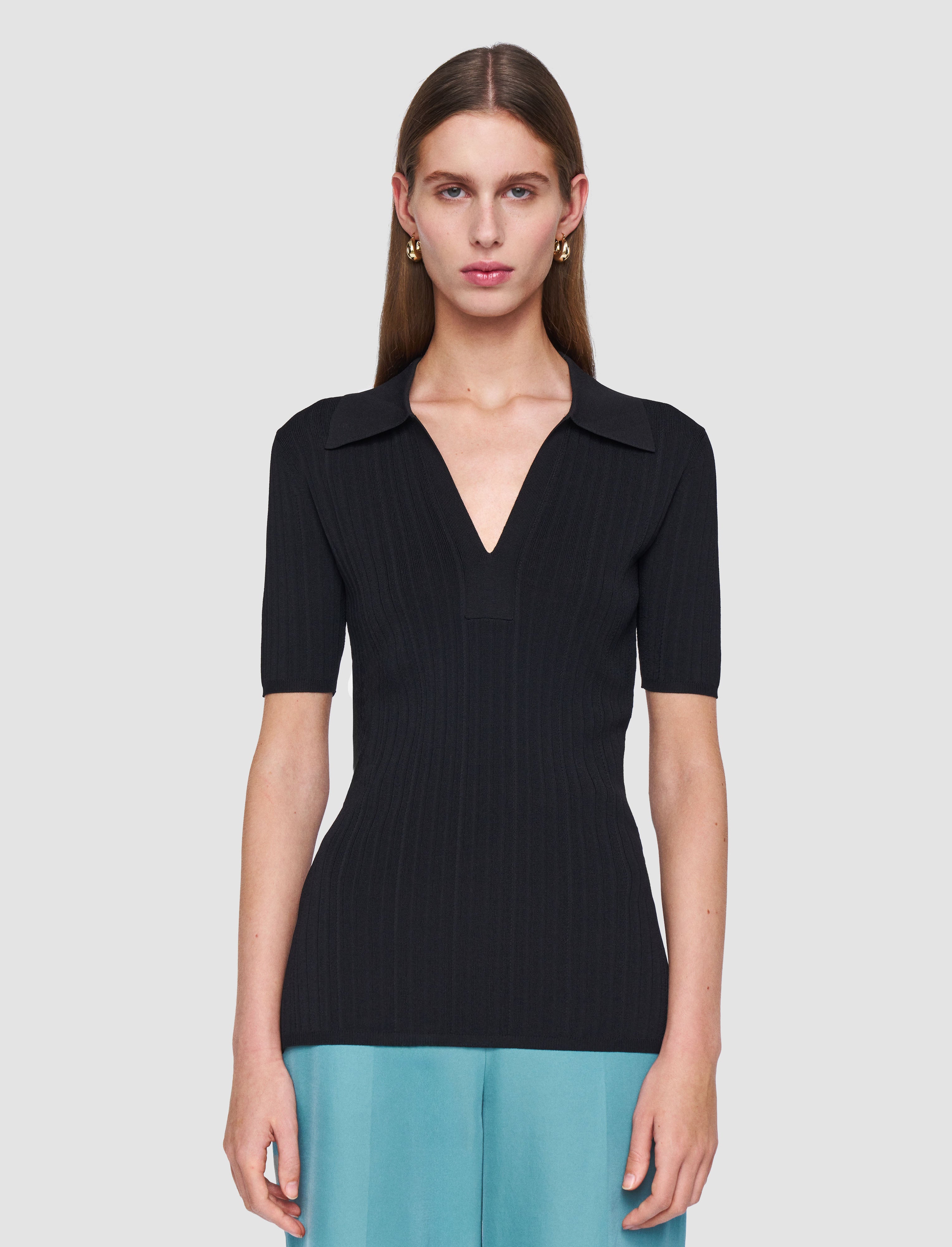 black-viscose-rib-knit-polo-top-JOSEPH
