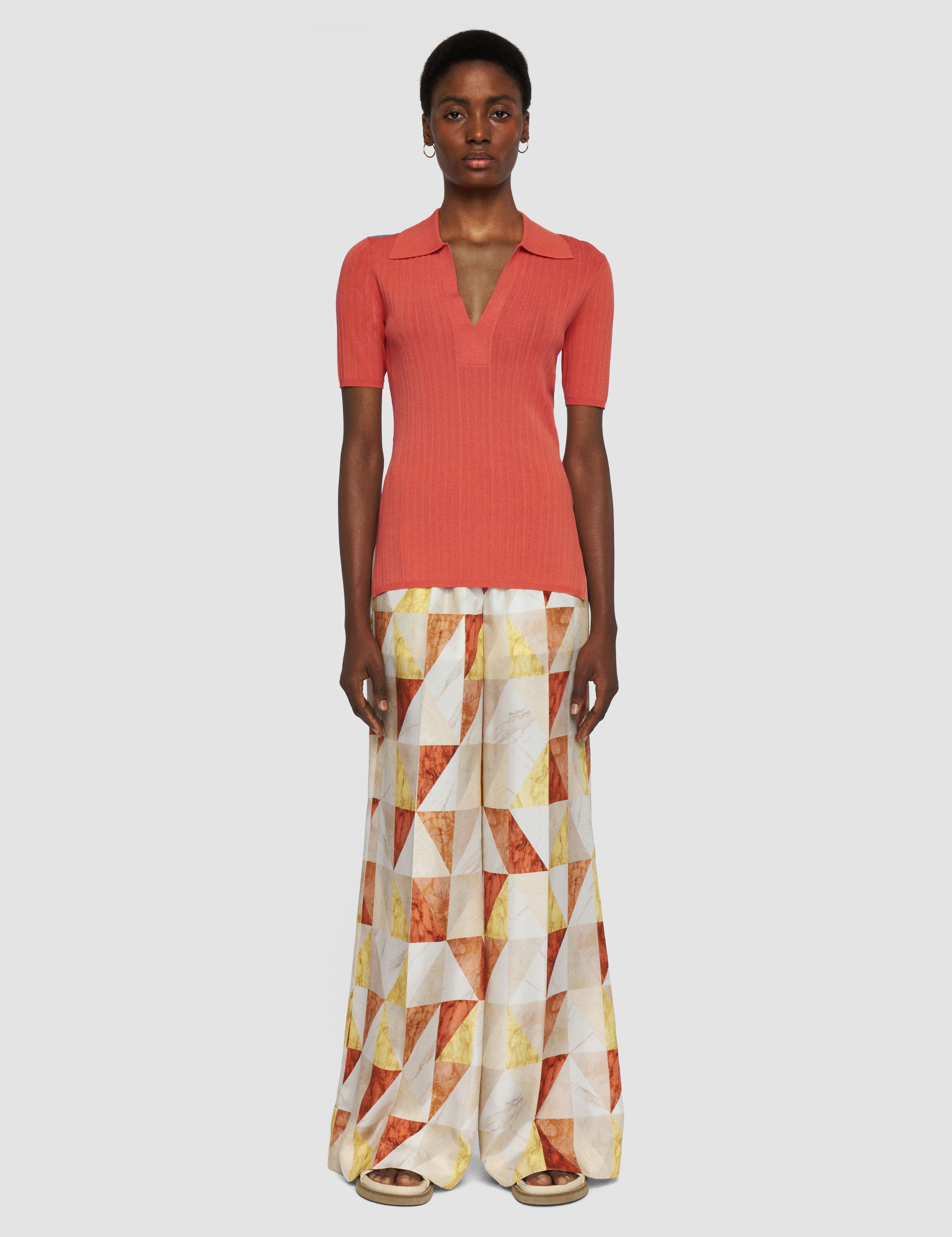 Orange Viscose Rib Knit Polo Top - Joseph