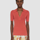 Orange Viscose Rib Knit Polo Top - Joseph