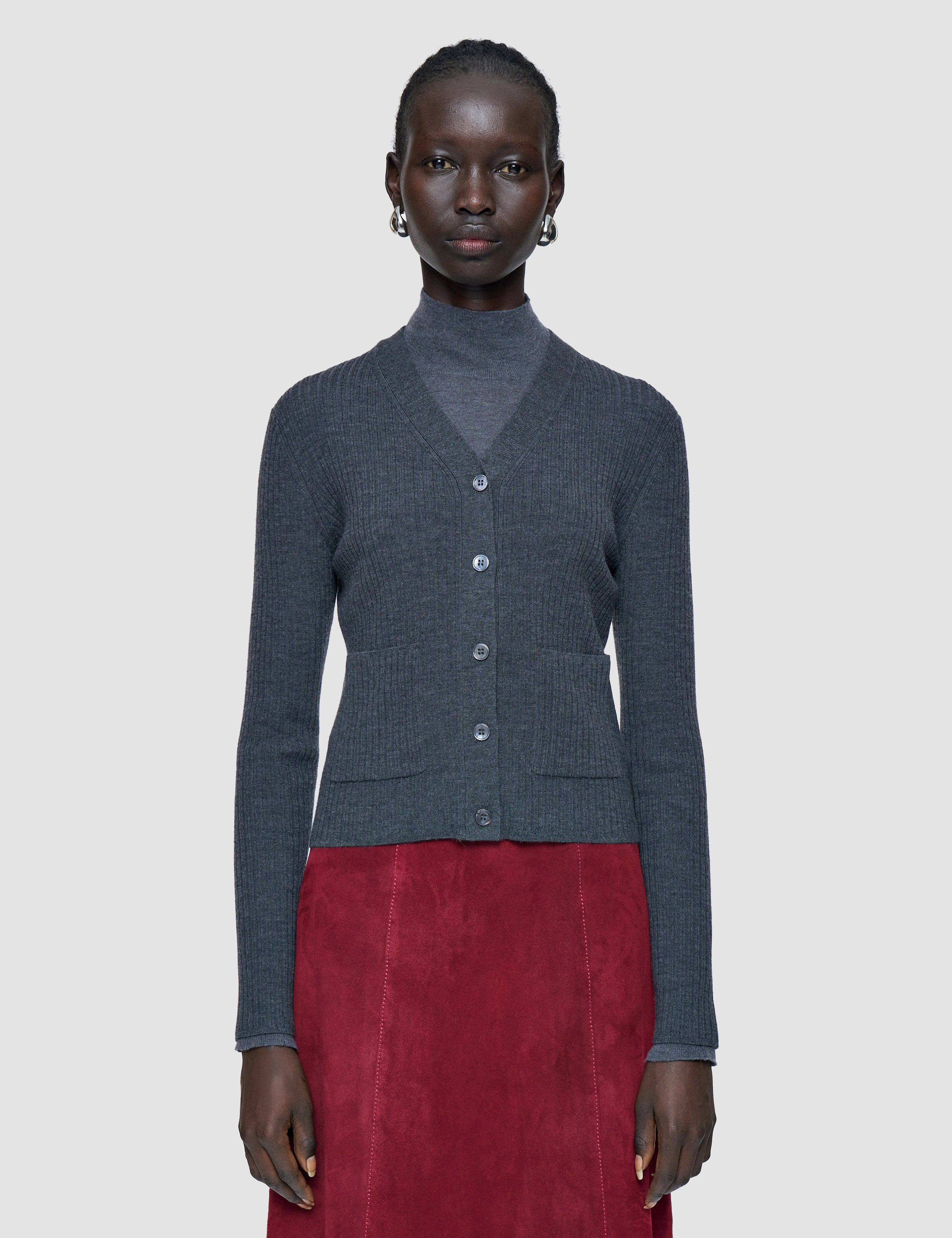 Grey Merino Rib Knit Cardigan - Joseph