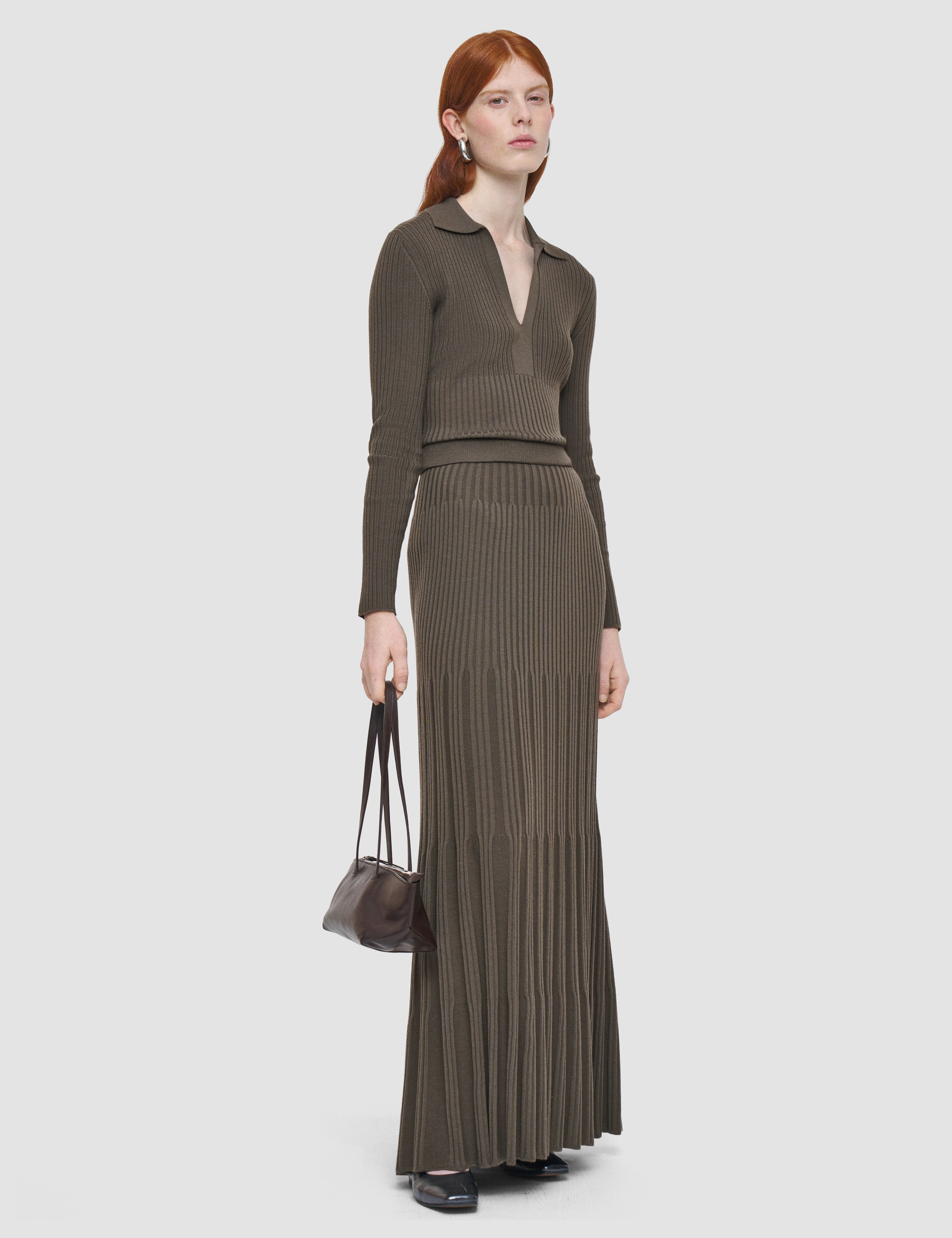 Brown Merino Rib Knit Maxi Skirt - Joseph