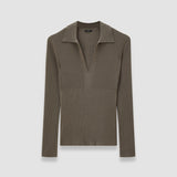 Brown Merino Rib Knit Polo Top - Joseph