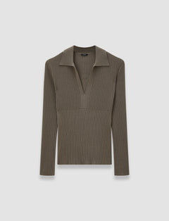 Brown Merino Rib Knit Polo Top - Joseph