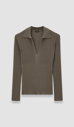 Brown Merino Rib Knit Polo Top - Joseph
