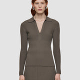 Brown Merino Rib Knit Polo Top - Joseph
