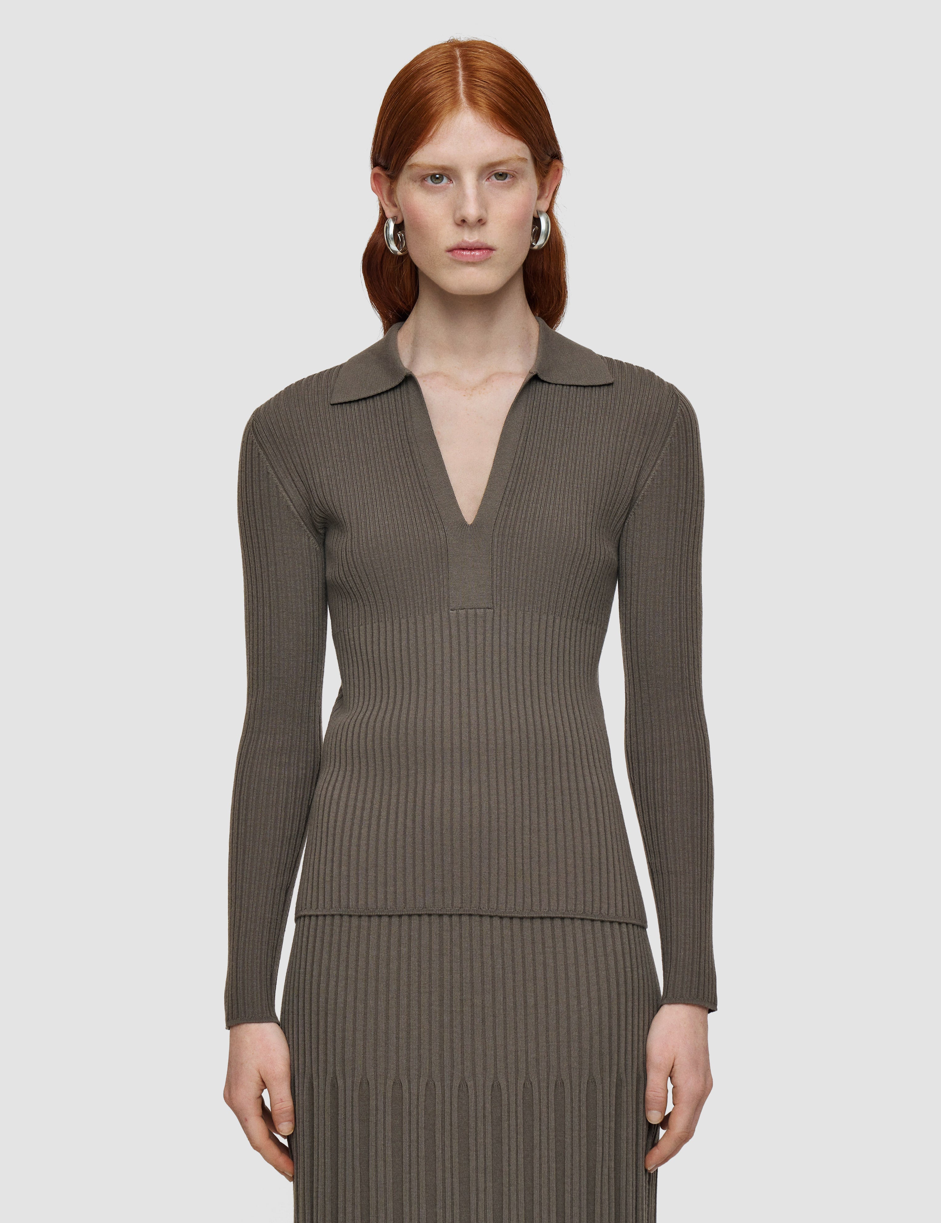 Brown Merino Rib Knit Polo Top - Joseph