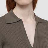 Brown Merino Rib Knit Polo Top - Joseph