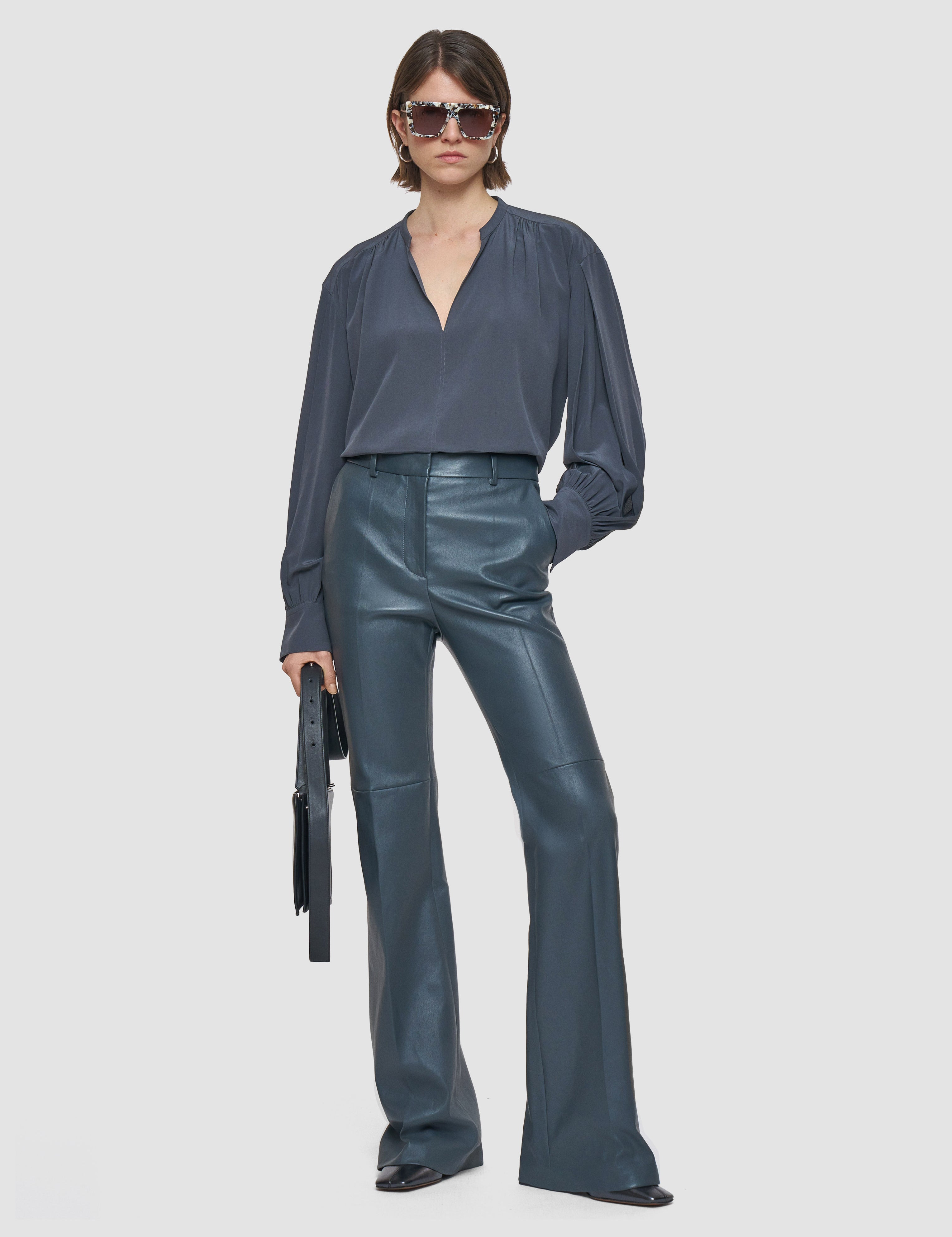 Grey Tafira Leather Stretch Trousers - Joseph