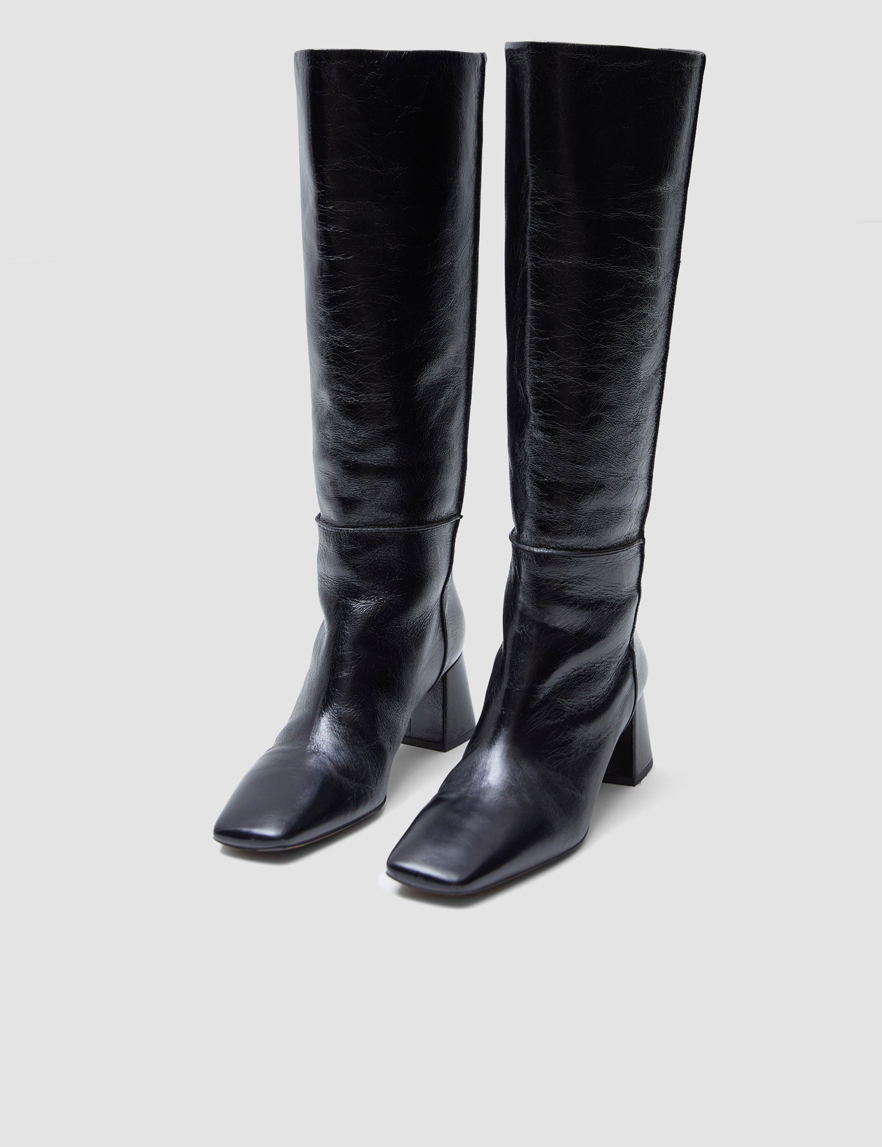Black Heeled Knee High Patent Leather Boots - Joseph