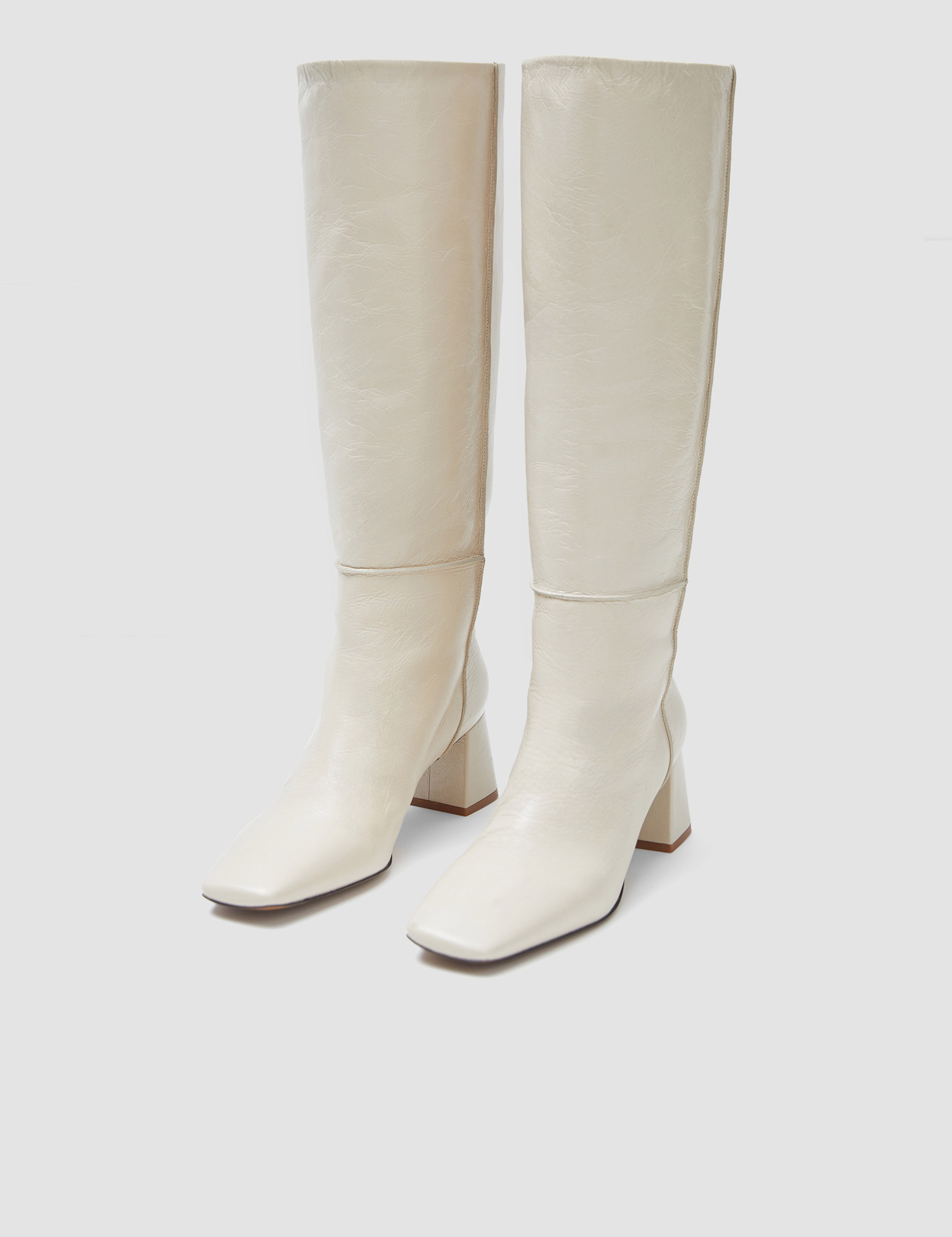 Beige Heeled Knee High Patent Leather Boots - Joseph
