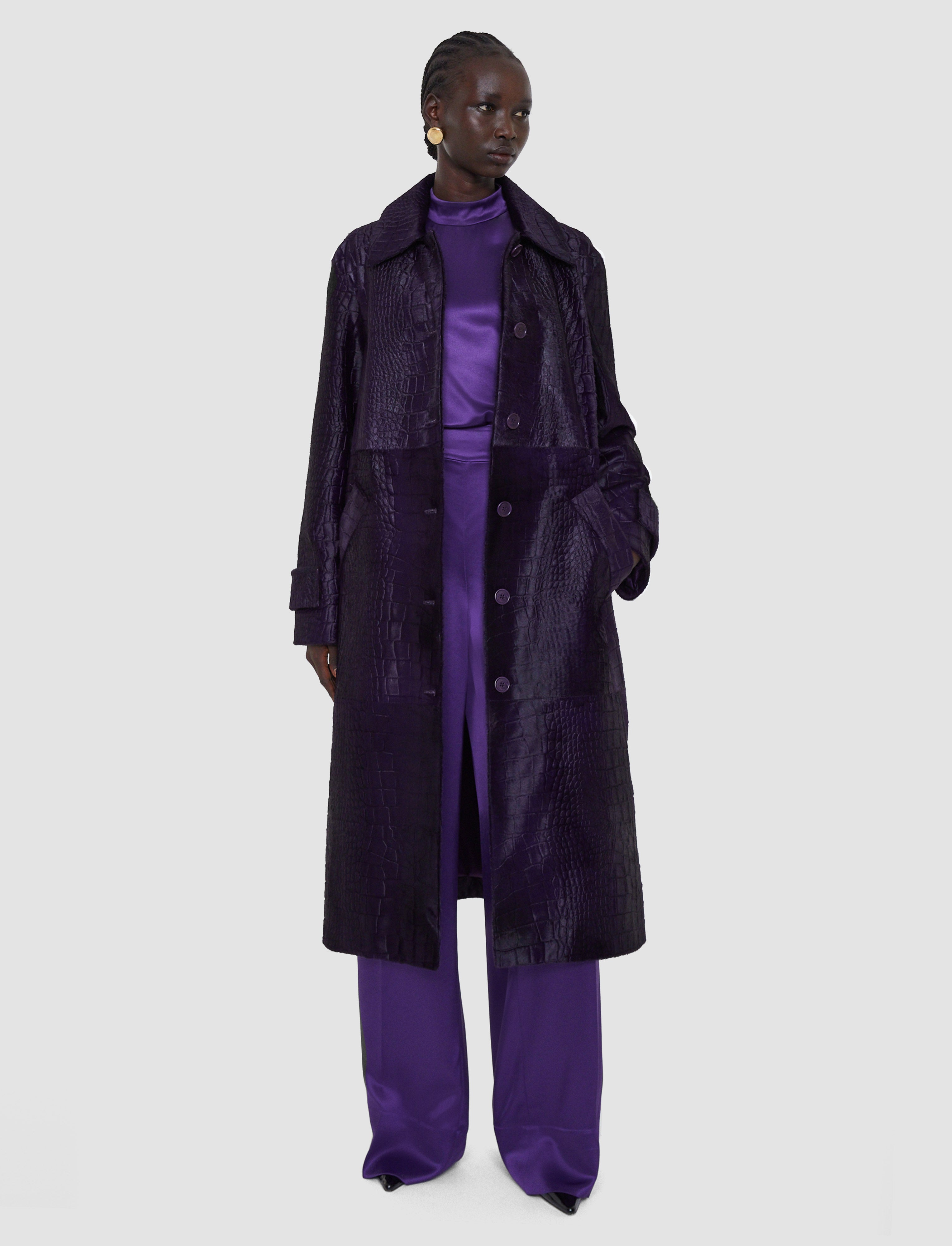 Auger Embossed Croc Calf Hair Coat in Purple | JOSEPH US