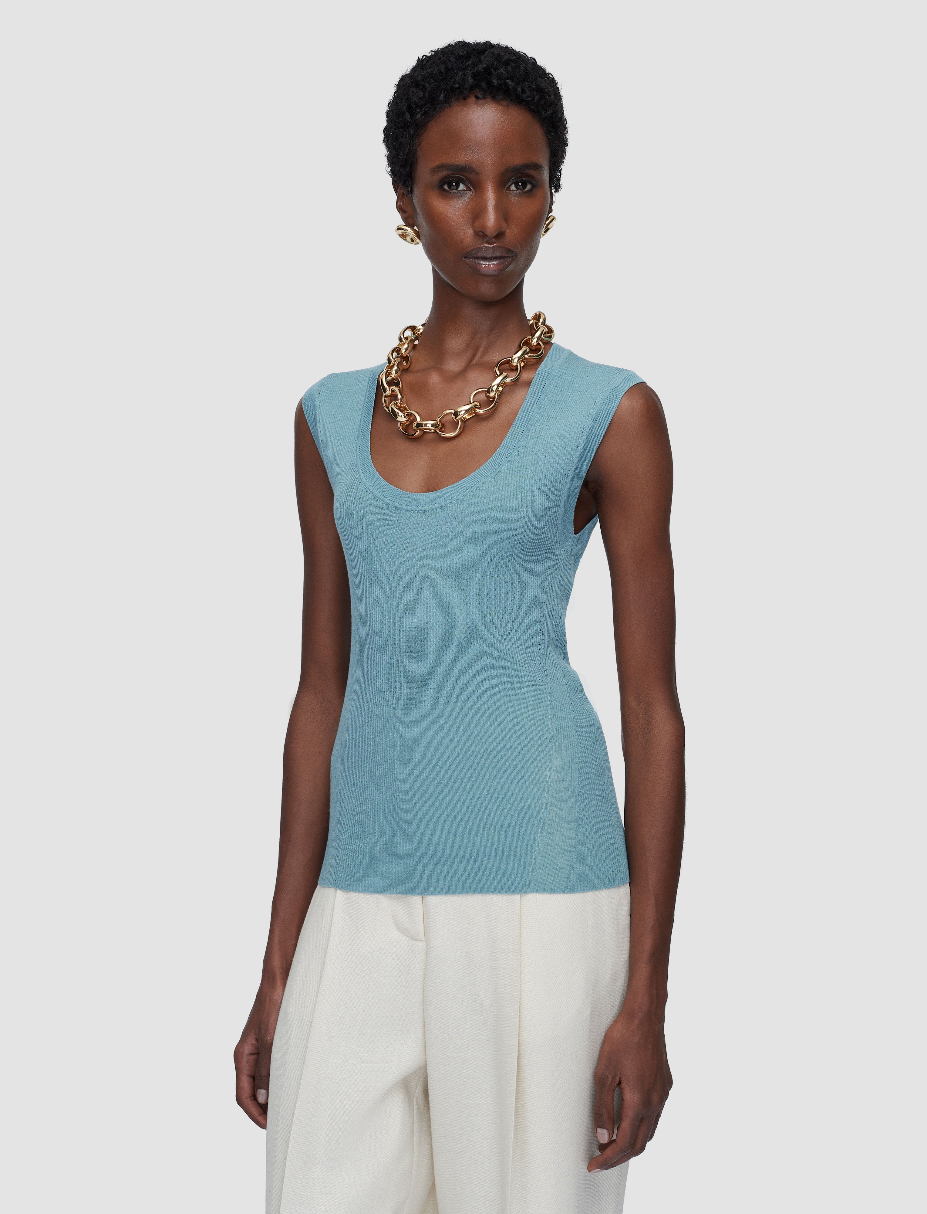 Alaou Linen Blend Knit Vest Top in Blue | JOSEPH US