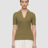 Green Aliane Crinkle Viscose Polo Top - Joseph