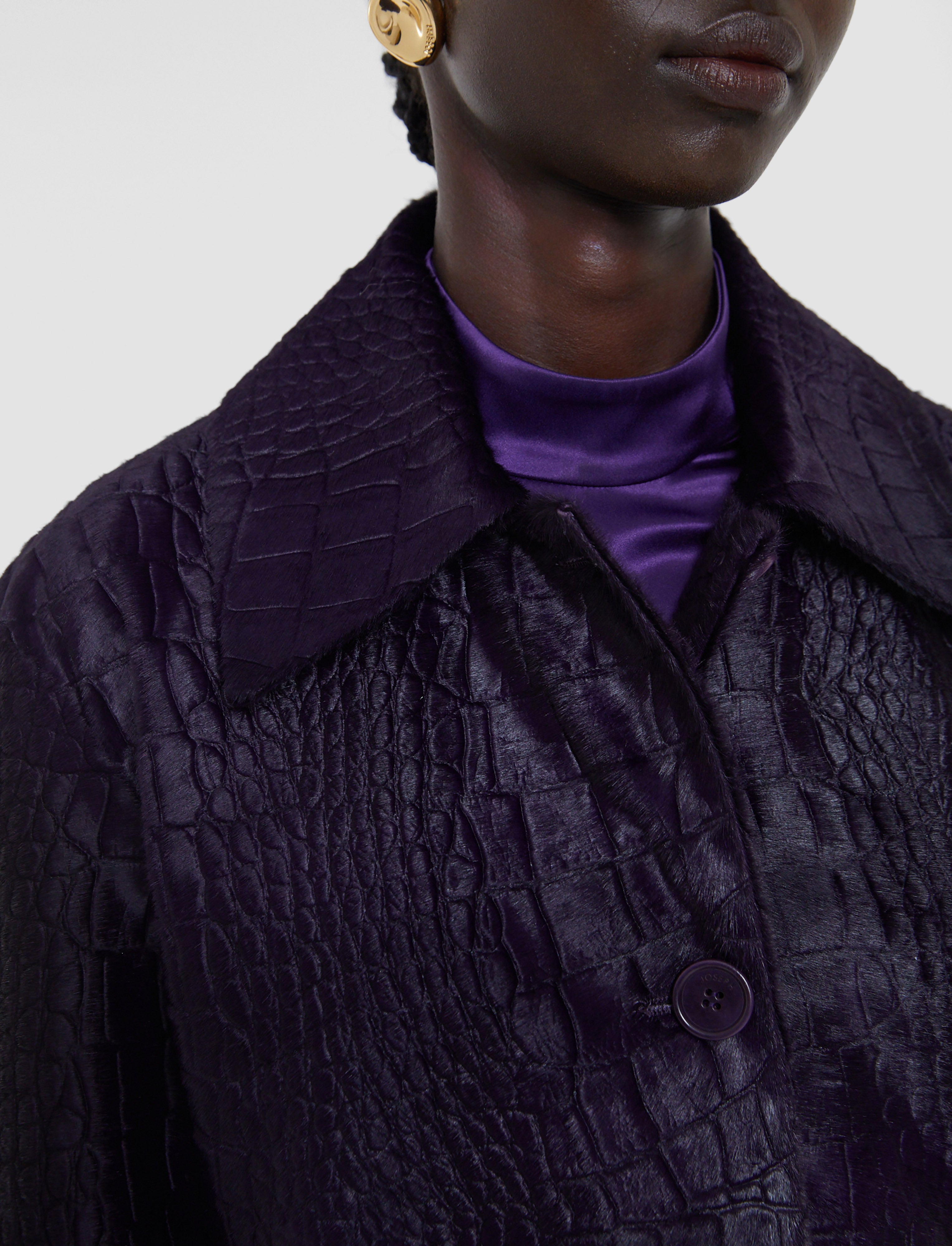 Auger Embossed Croc Calf Hair Coat in Purple | JOSEPH US