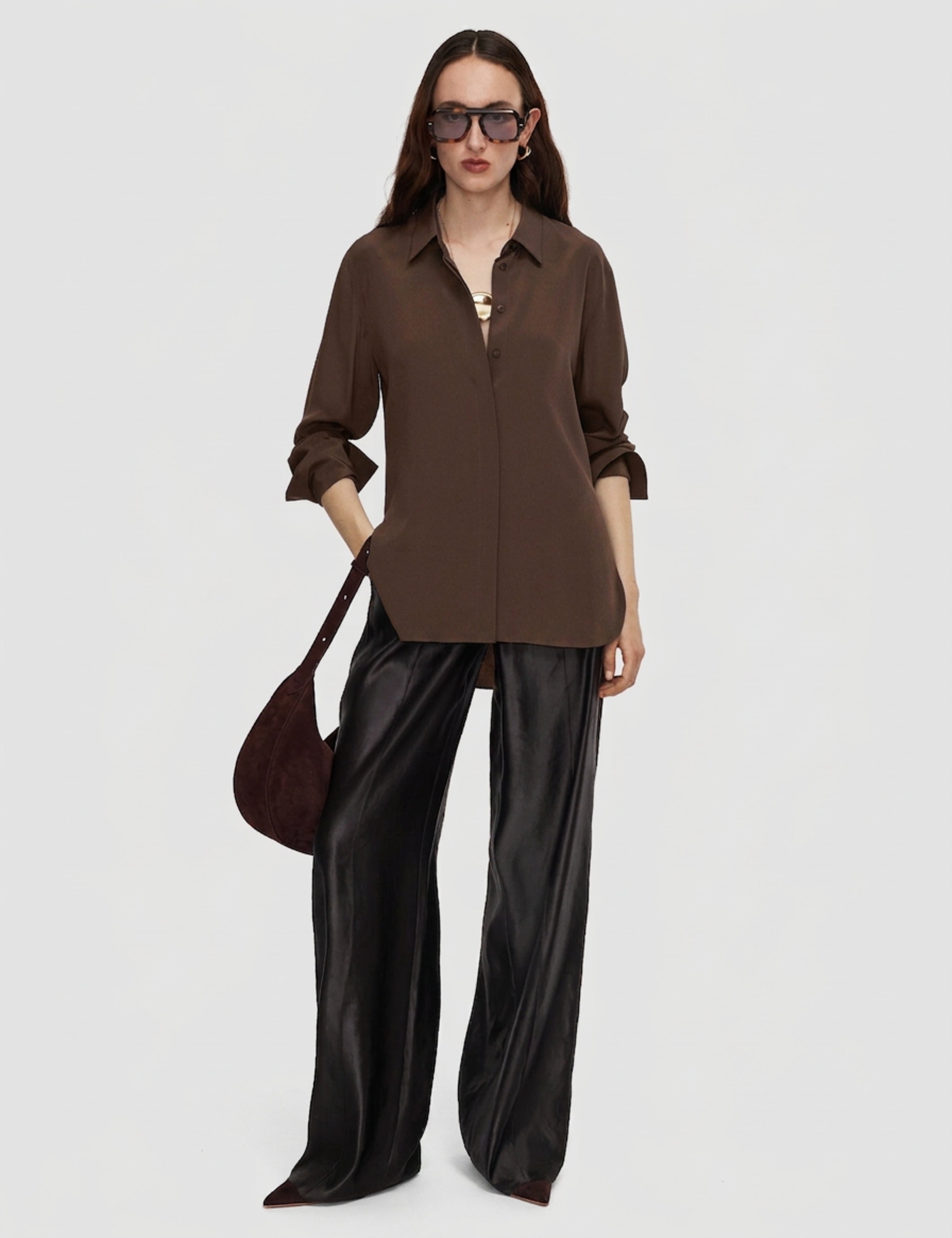 Brown Bold Crepe de Soie Silk Blouse - Joseph