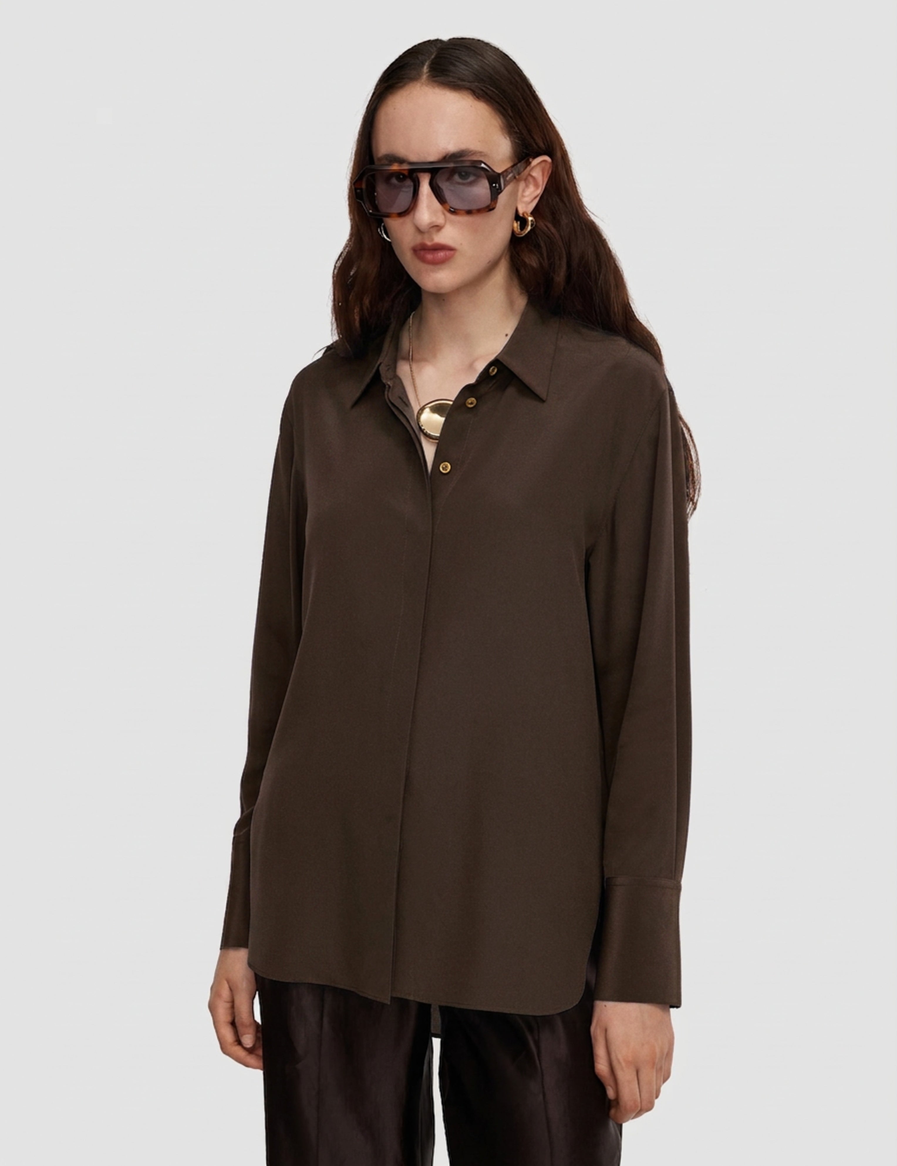 Brown Bold Crepe de Soie Silk Blouse - Joseph