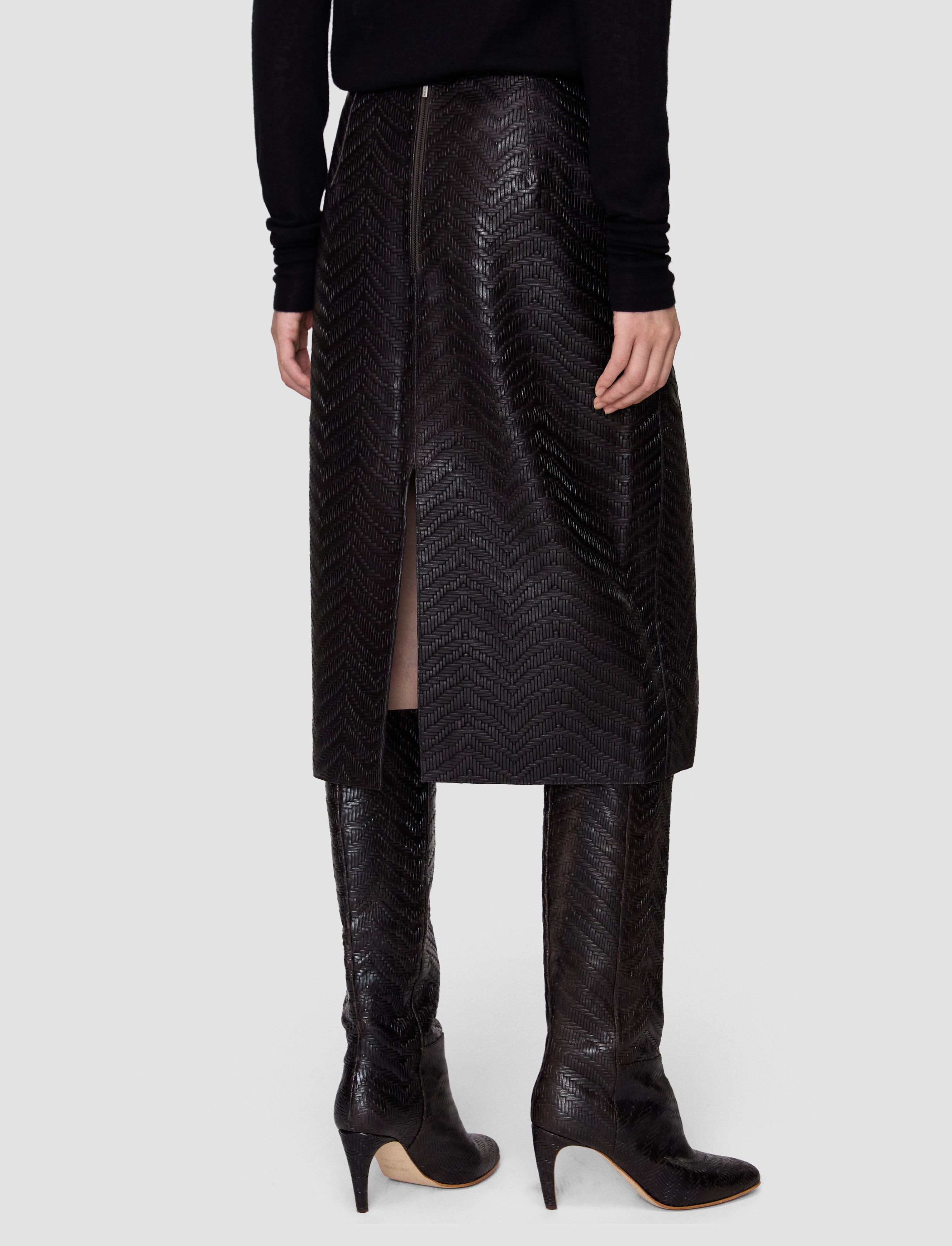 brown-bretton-embossed-woven-leather-skirt-JOSEPH