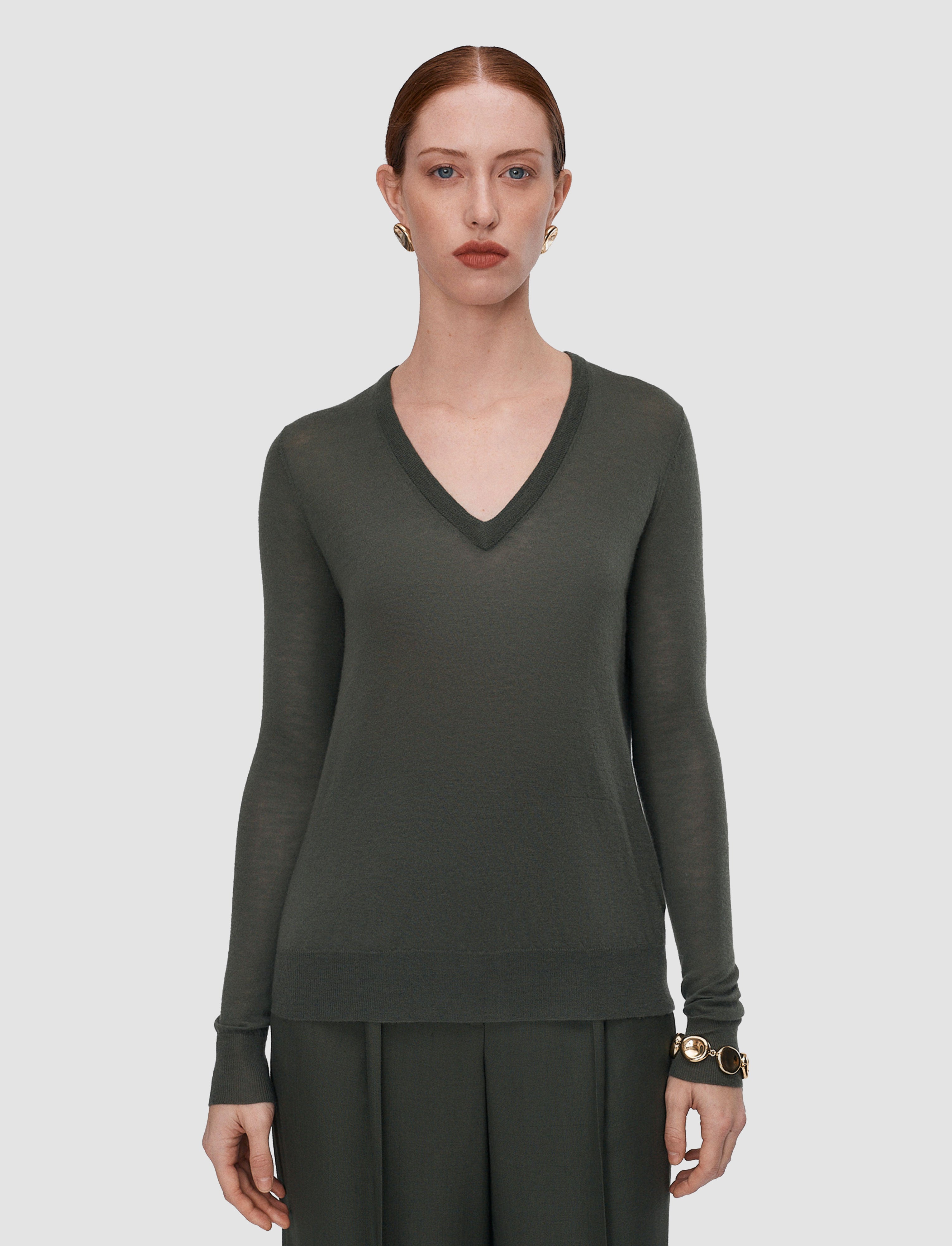 Cashair V Neck Jumper in Green | JOSEPH GB