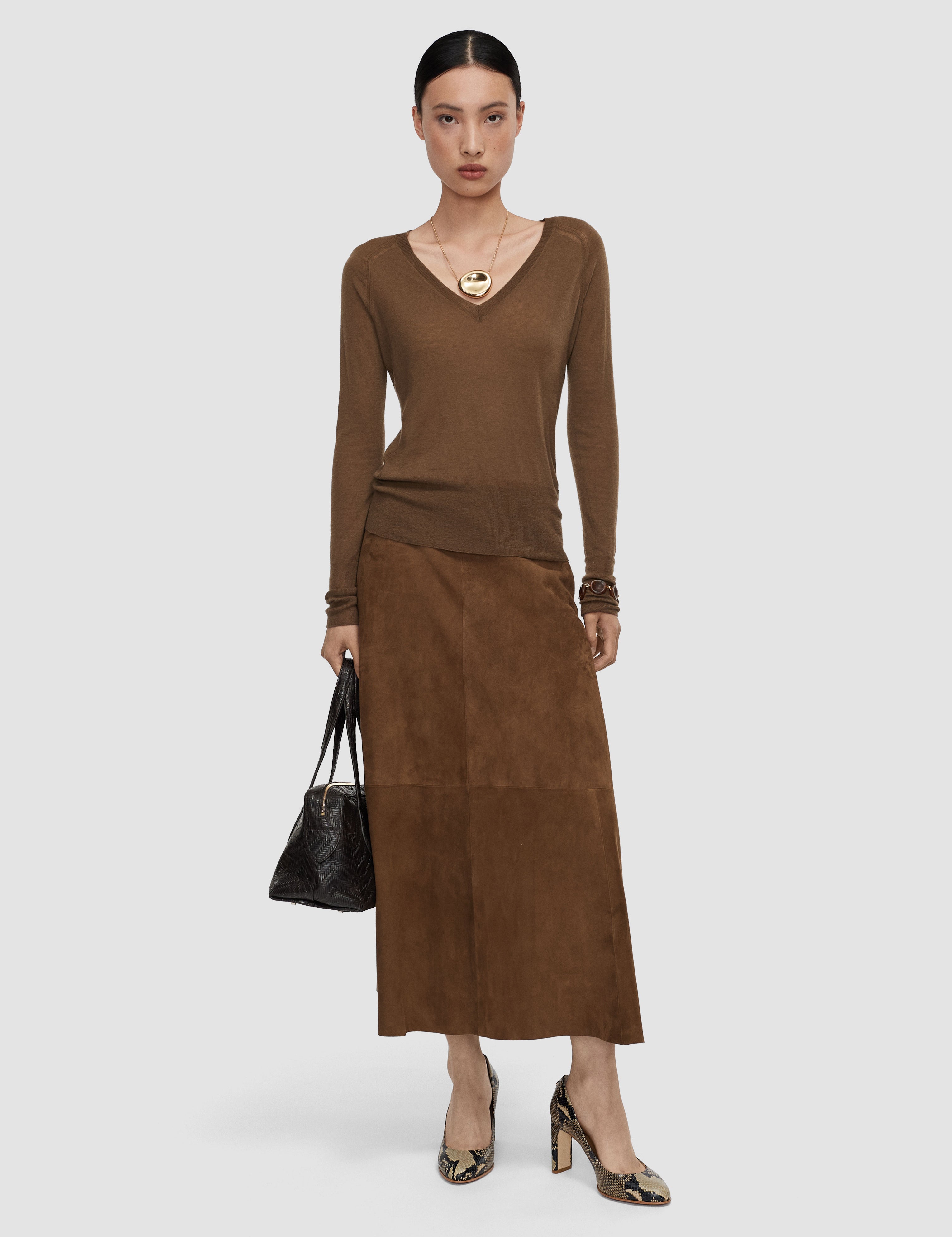 Brown Cetus Cashair V Neck Jumper - Joseph