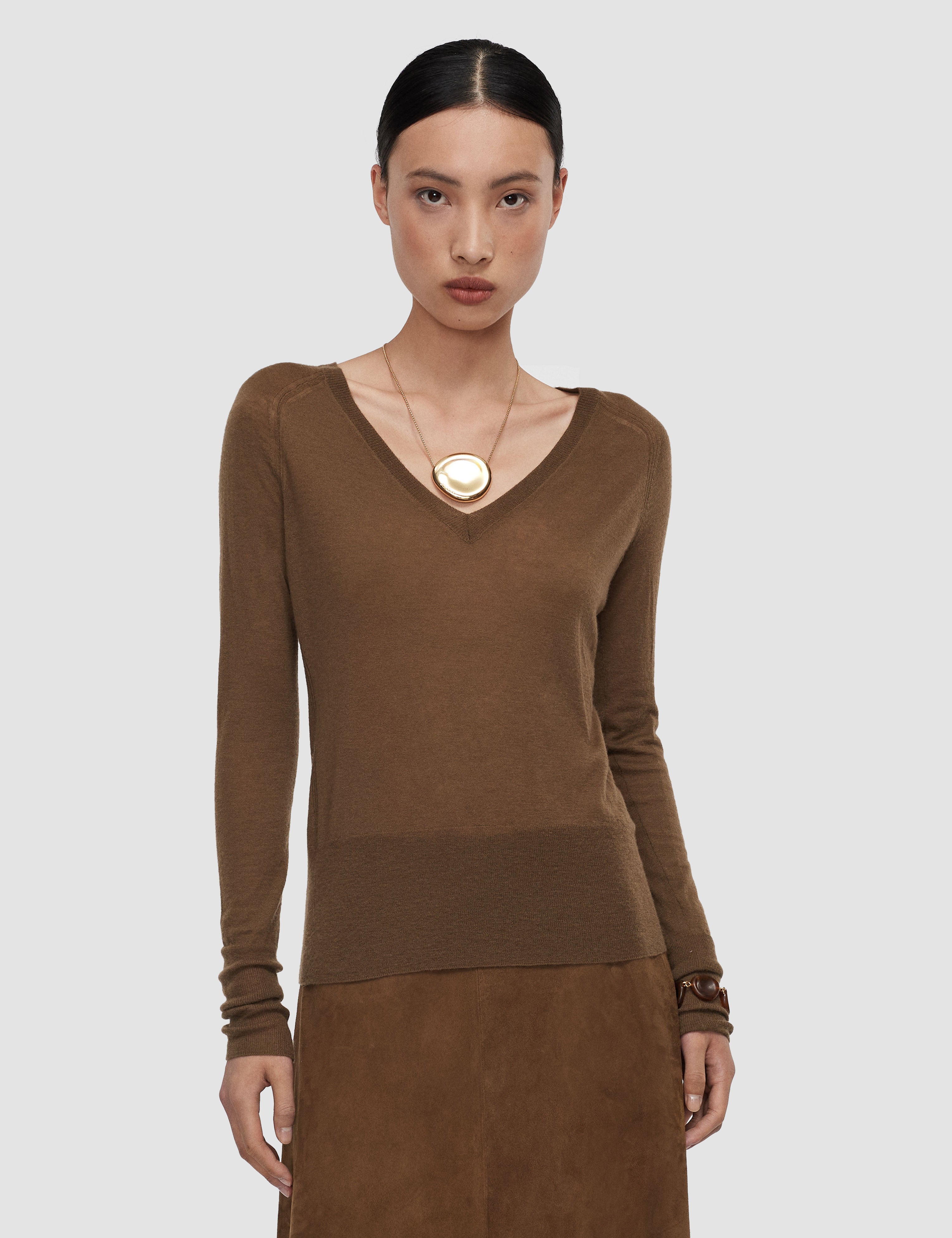 Brown Cetus Cashair V Neck Jumper - Joseph