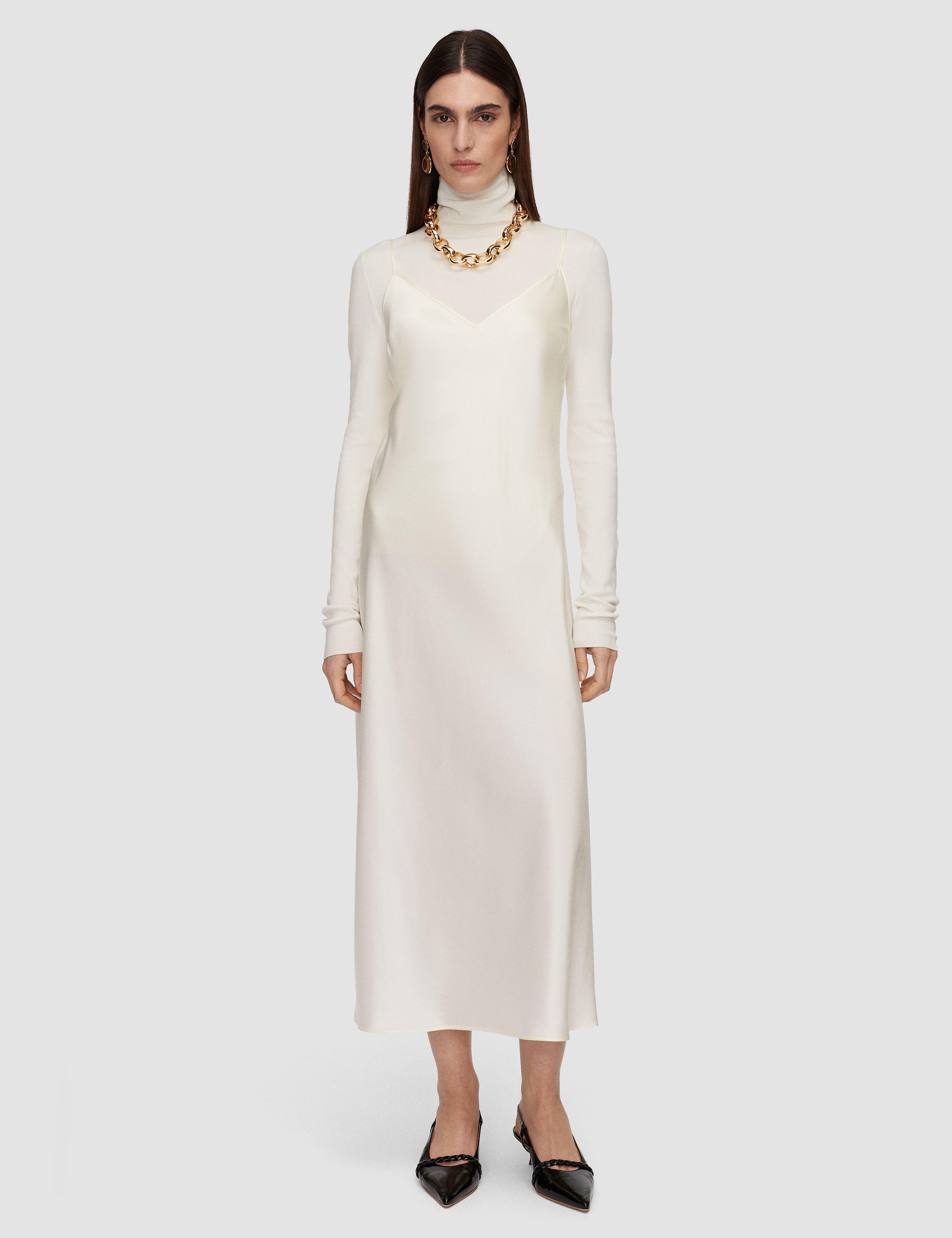 white satin dress high neck Esther Iridescent Satin Cowl Maxi Dress / Ivory | MESHKI
