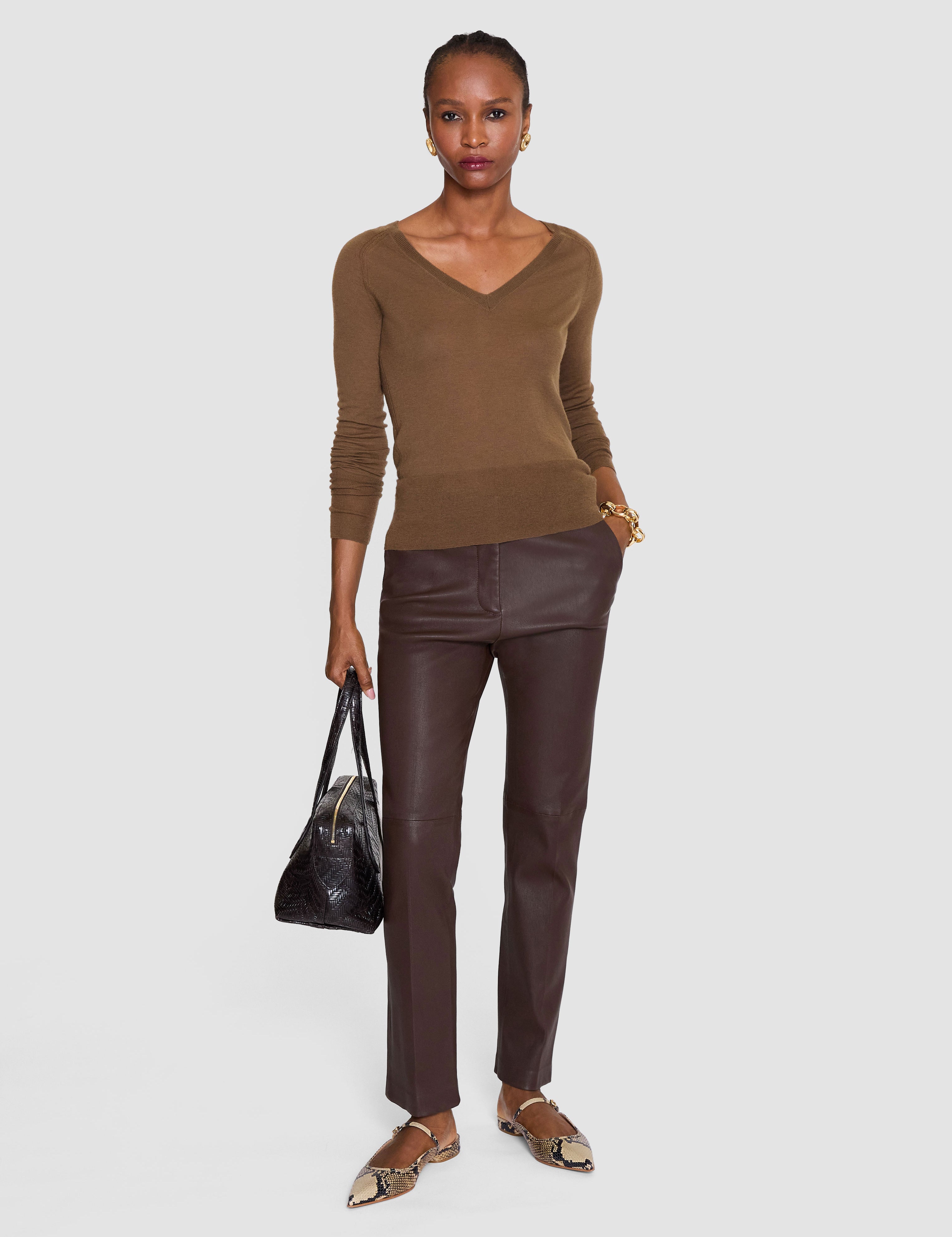 Brown Coleman Long Leather Stretch Trousers - Joseph