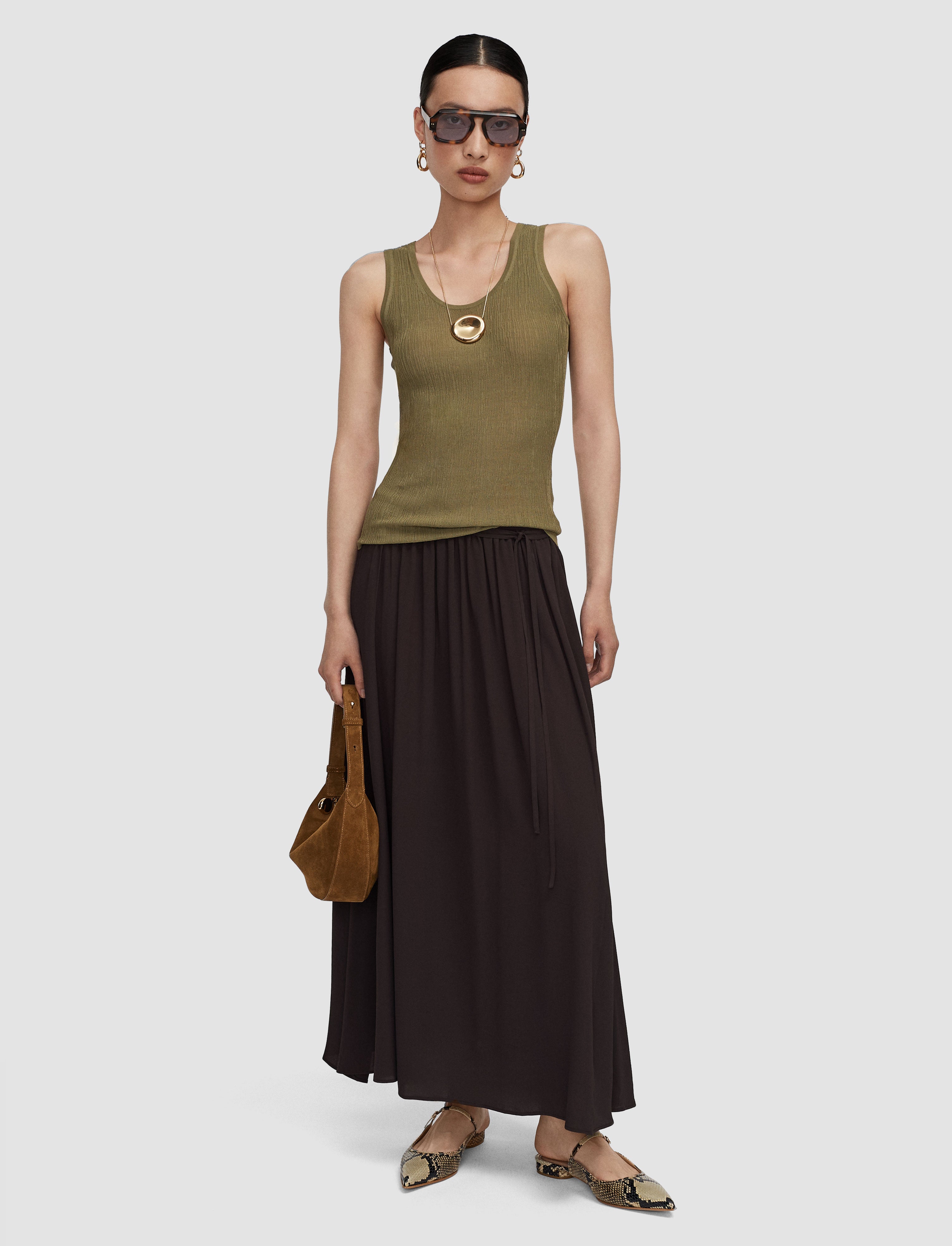 茶色-elba-silk-blend-crepe-スカート-JOSEPH