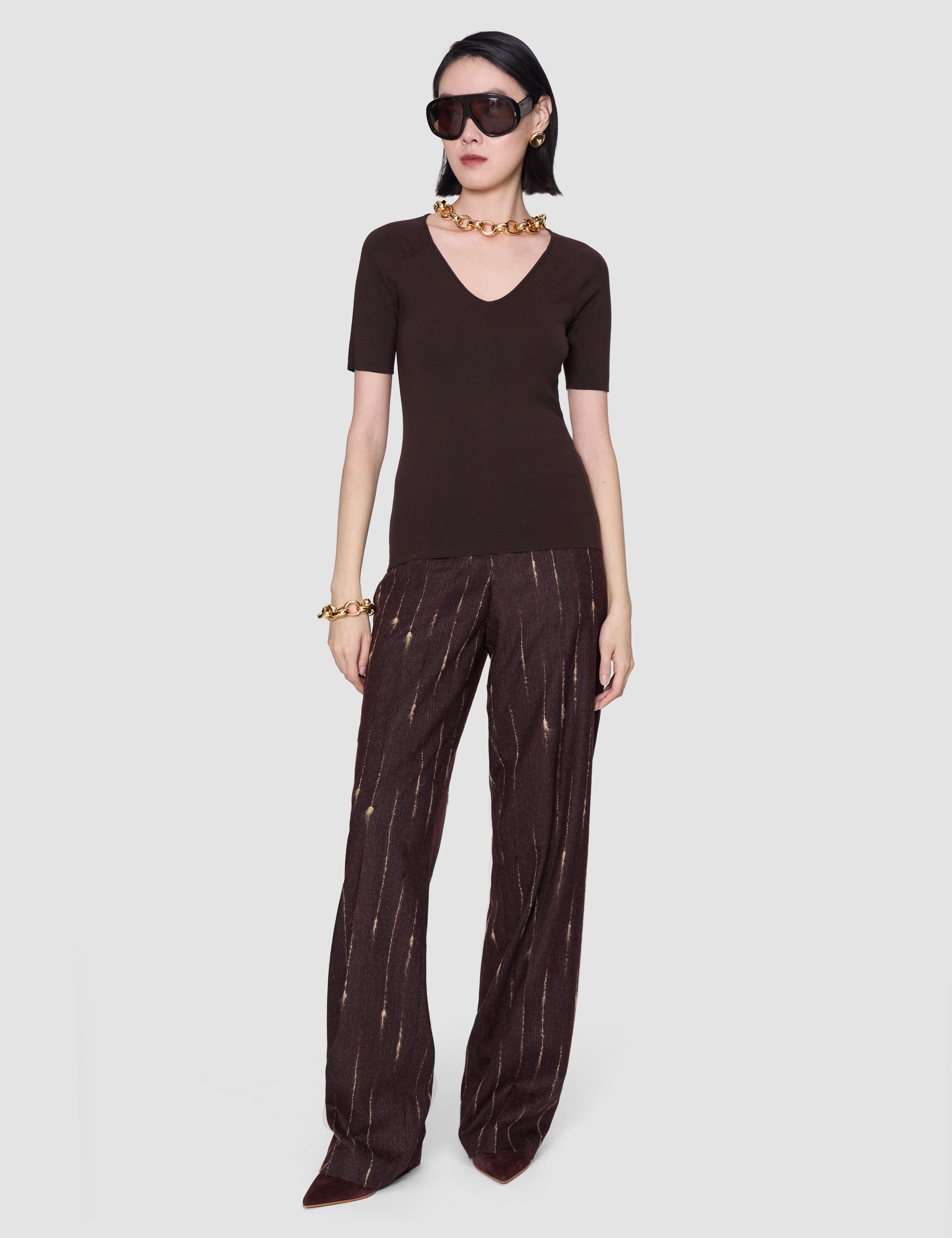 Brown Elly Silk Stretch V Neck Top - Joseph