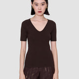 Brown Elly Silk Stretch V Neck Top - Joseph