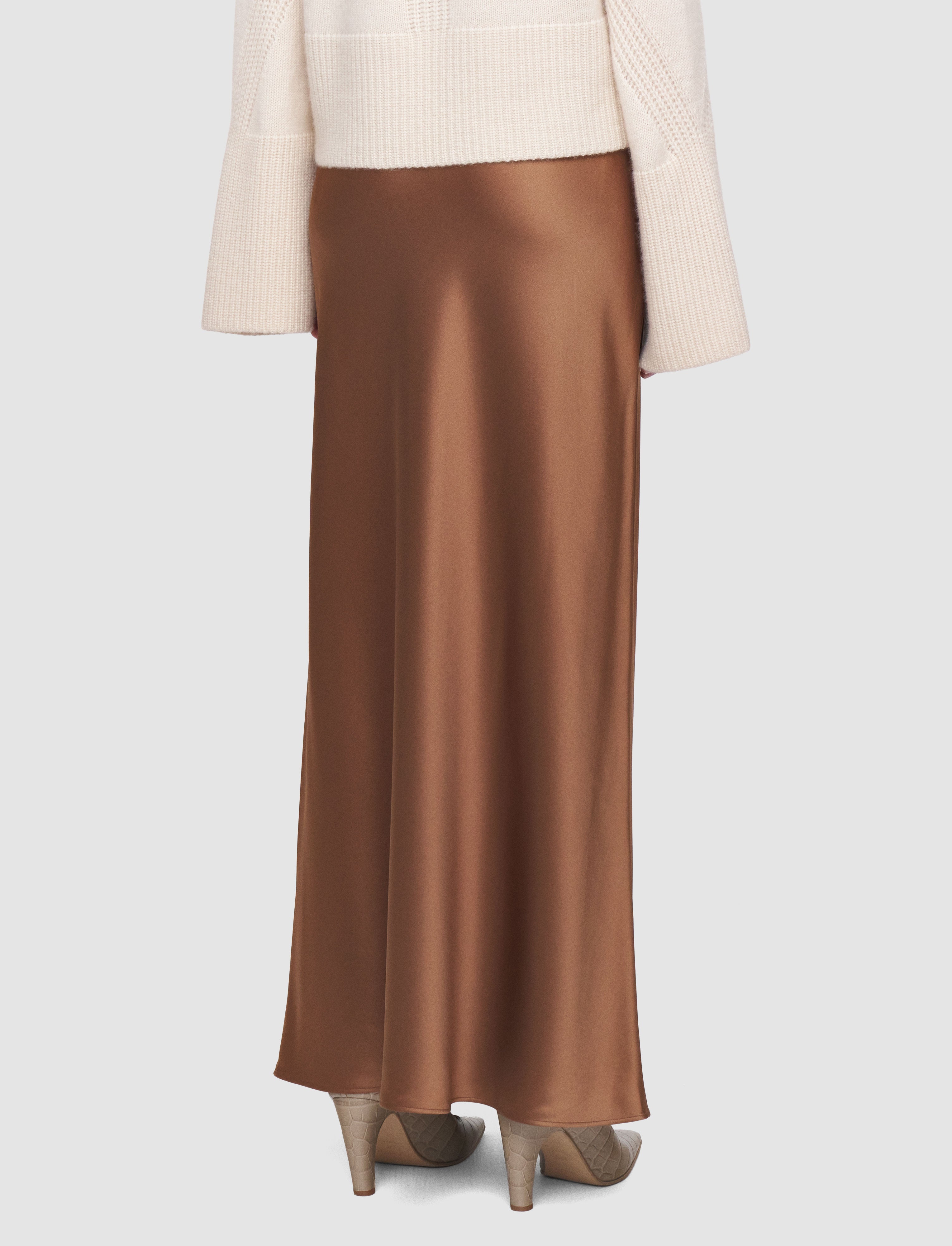 Isaak Long Silk Satin Skirt in Brown | JOSEPH AT