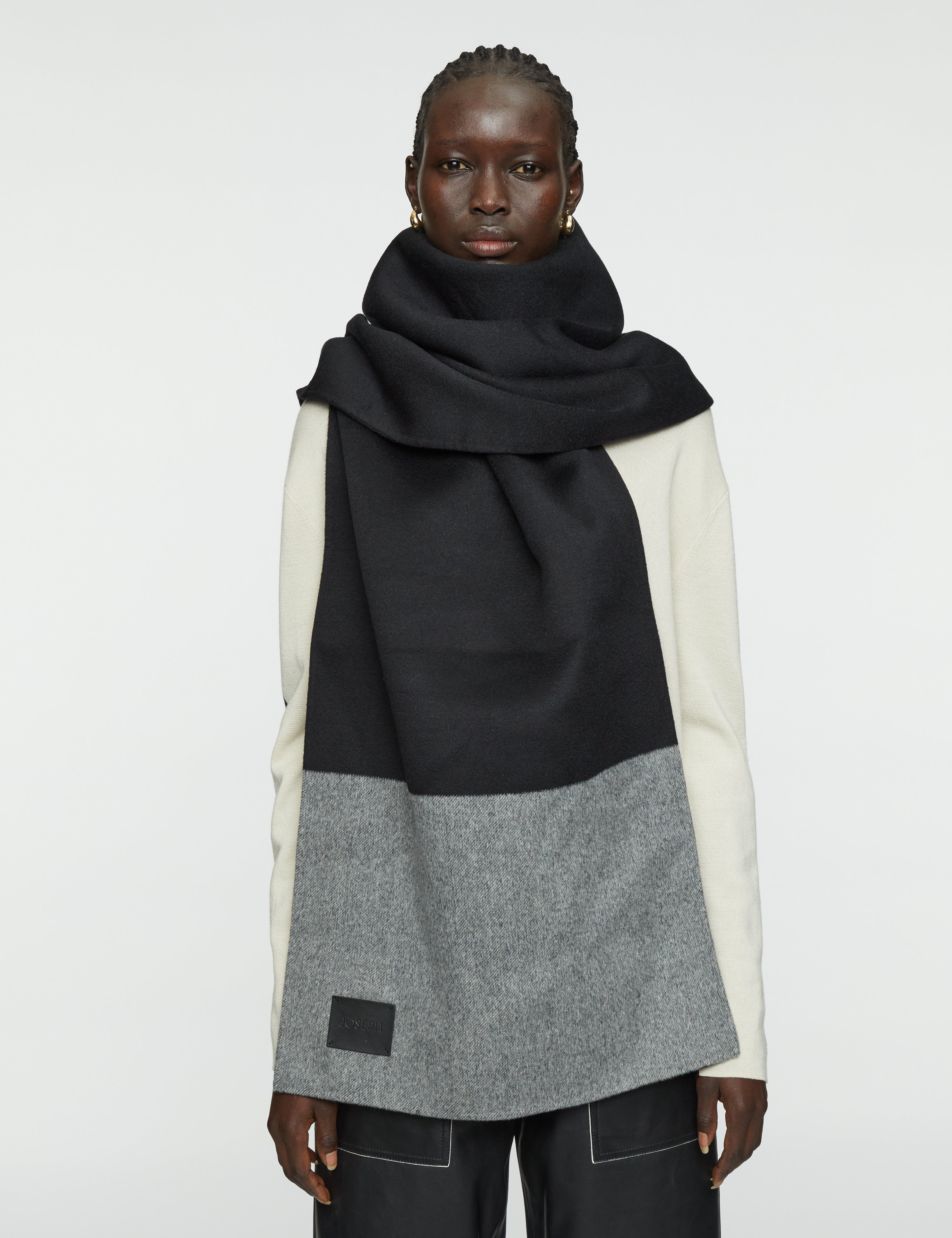 Black Double Face Wool Colourblock Scarf - Joseph