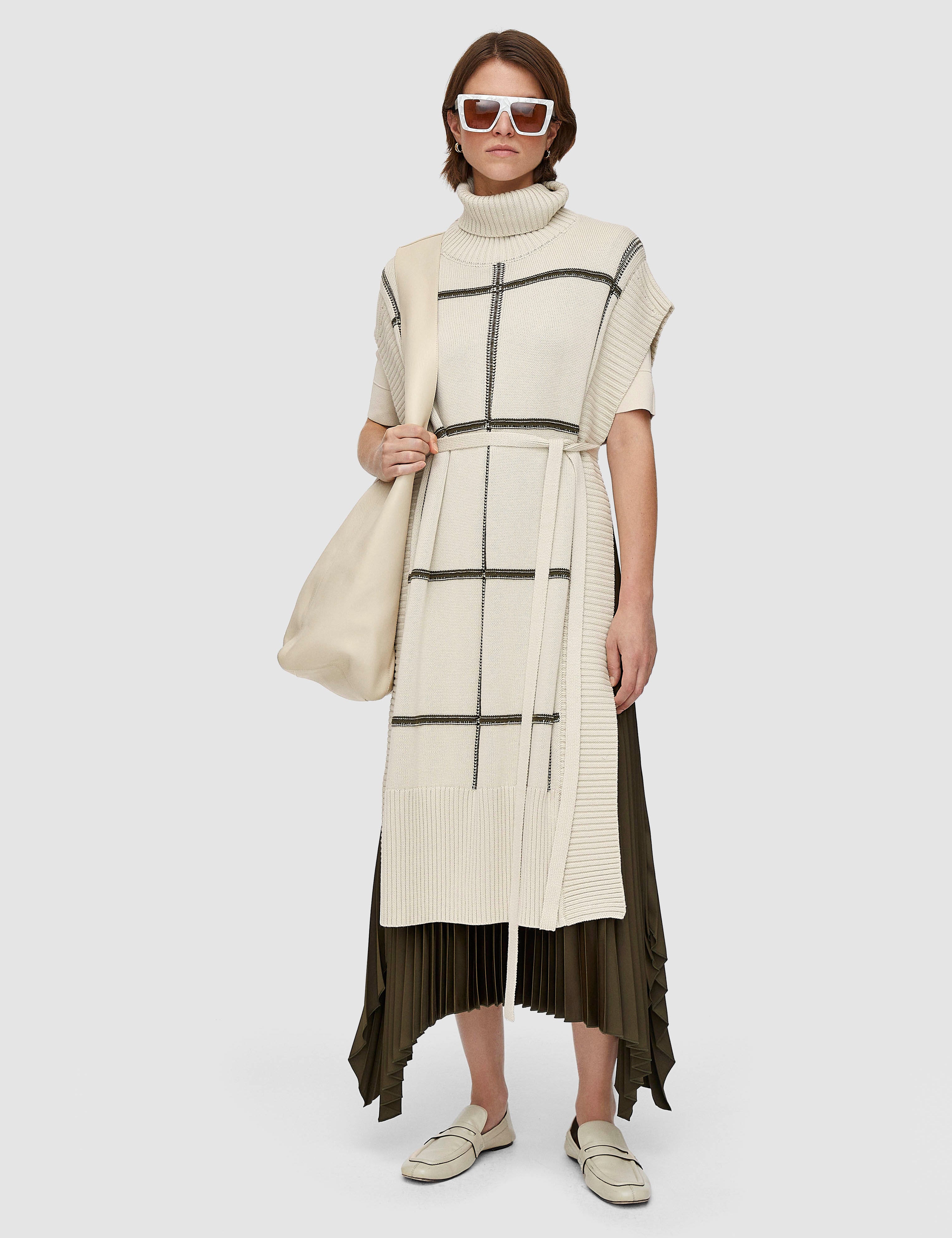 White Grid Cotton Silk Poncho - Joseph