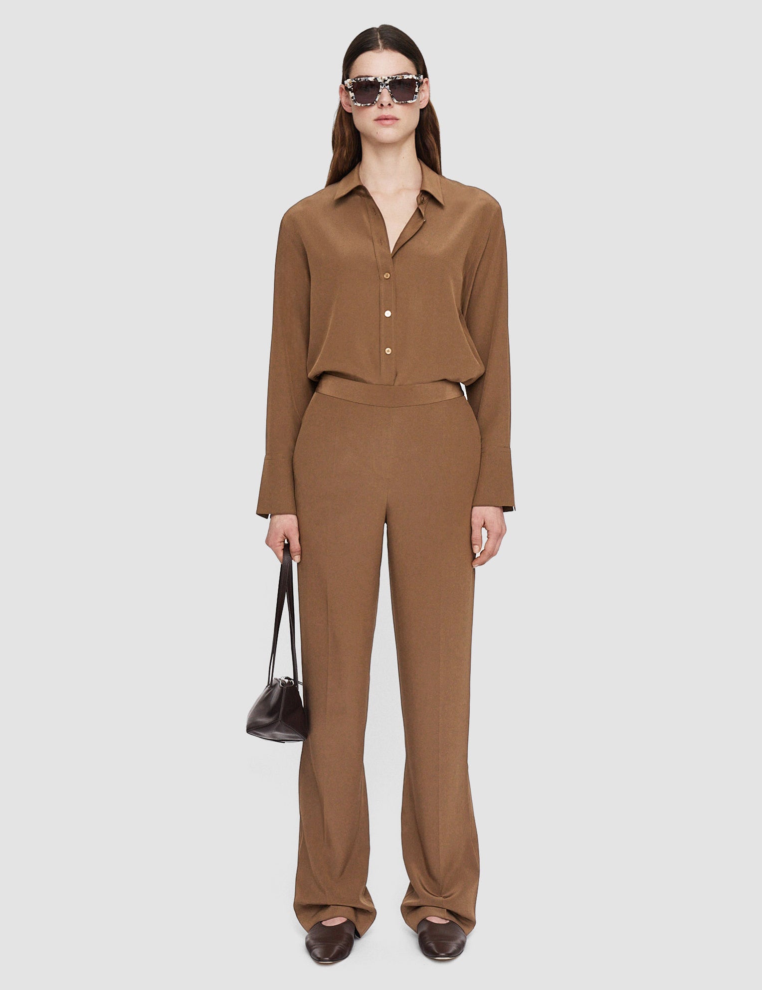 Brown Silk Crepe de Chine Tova Trousers - Joseph