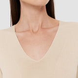 Beige Fine Merino Rib V Neck Top - Joseph