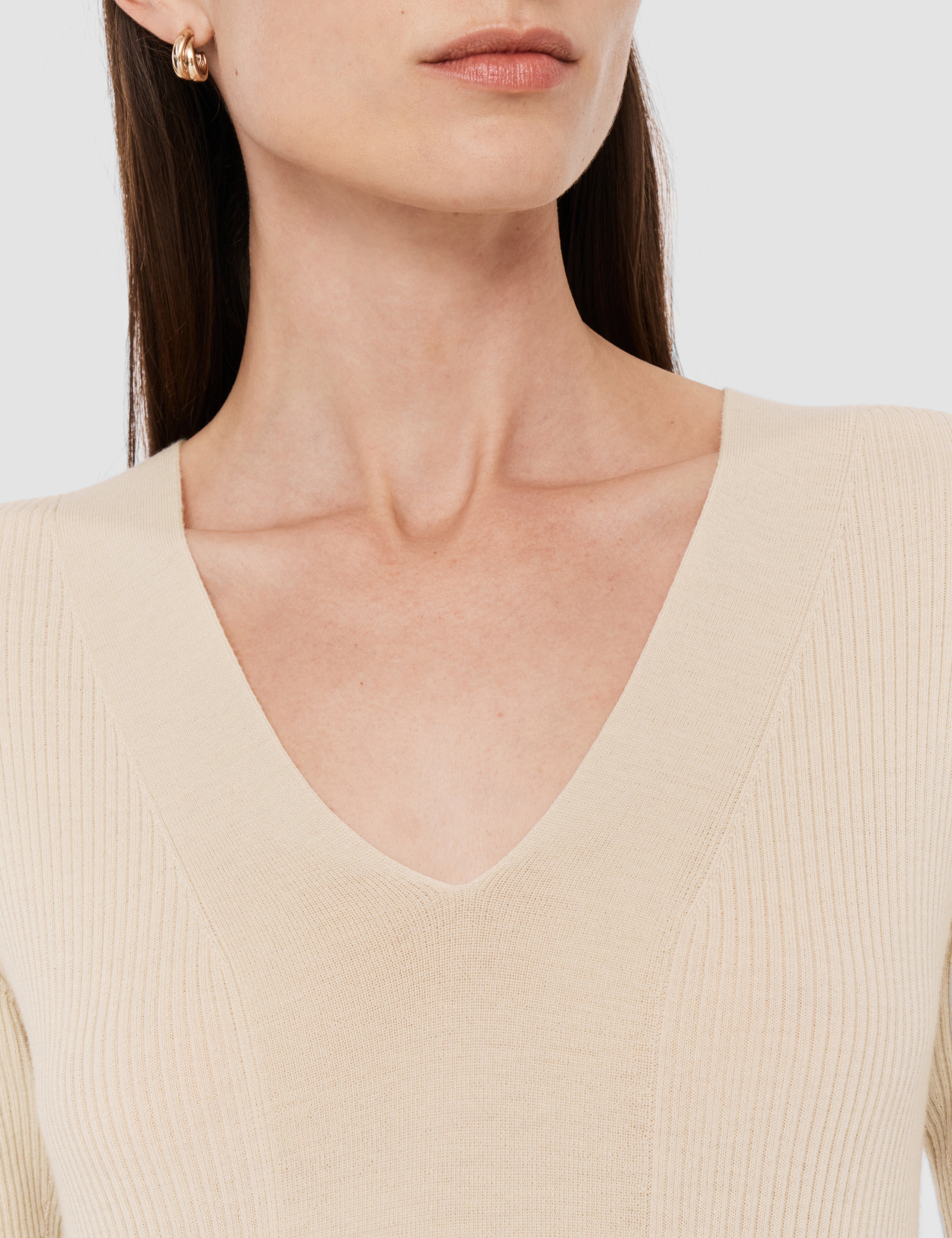 Beige Fine Merino Rib V Neck Top - Joseph