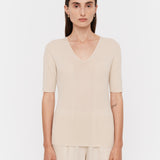 Beige Fine Merino Rib V Neck Top - Joseph