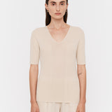 Beige Fine Merino Rib V Neck Top - Joseph