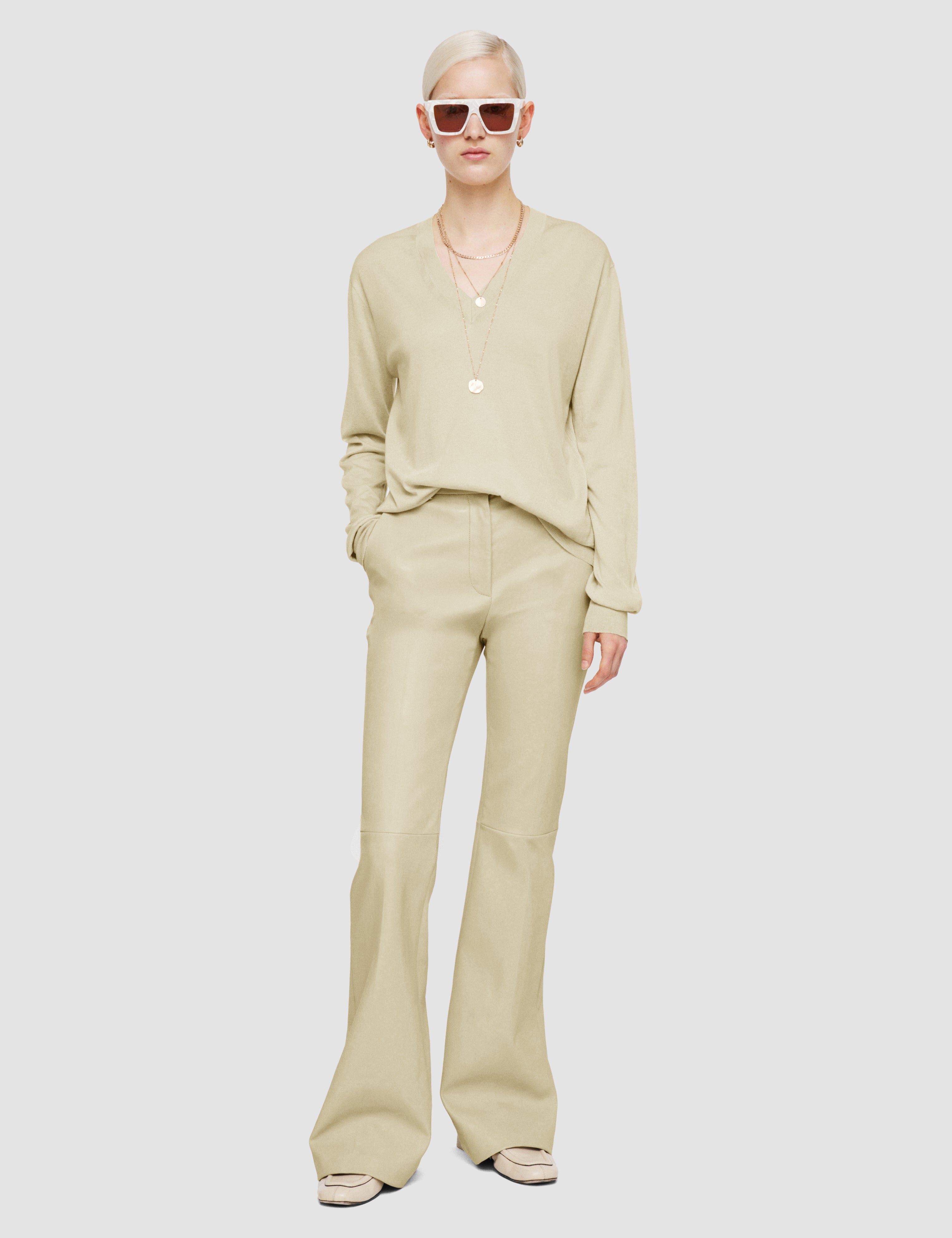 Beige Superfine Cotton Silk V Neck Jumper - Joseph