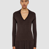 Brown Satiny Rib Knit Polo Top - Joseph