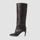Brown Jolie Woven Leather Knee High Heeled Boots - Joseph