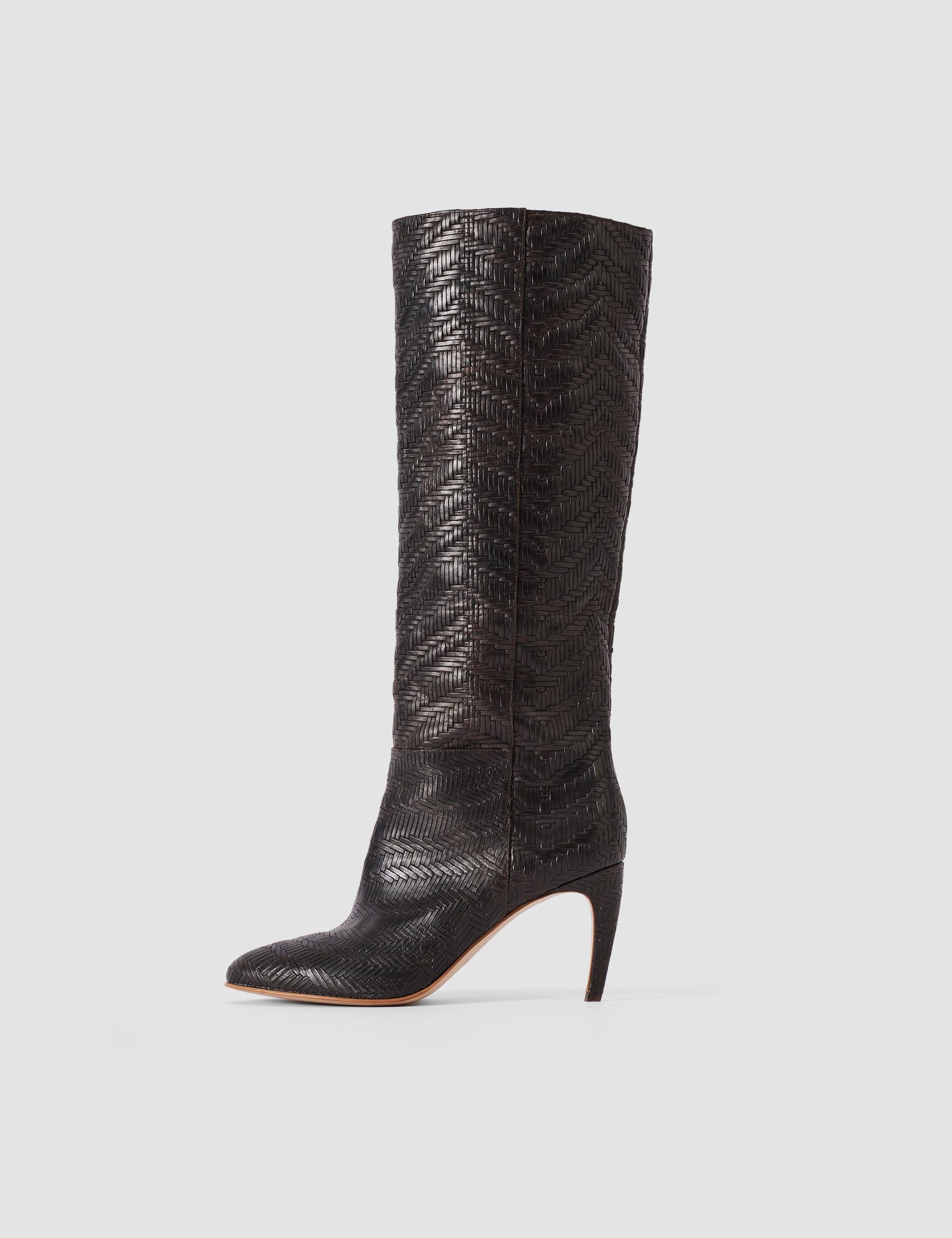 Brown Jolie Woven Leather Knee High Heeled Boots - Joseph