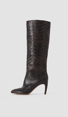Brown Jolie Woven Leather Knee High Heeled Boots - Joseph
