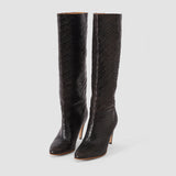 Brown Jolie Woven Leather Knee High Heeled Boots - Joseph