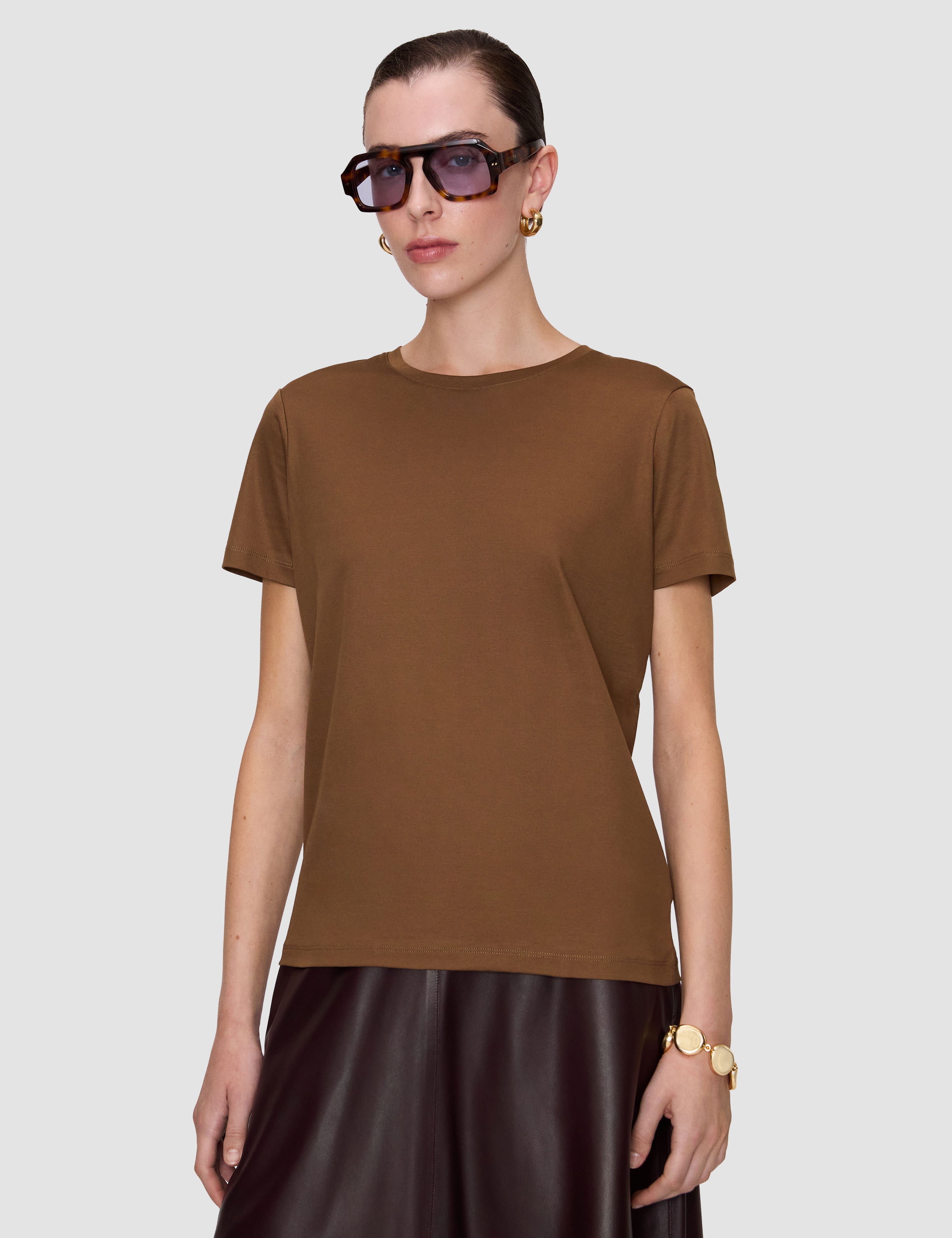 Brown Livia Mercerised Cotton T-Shirt - Joseph