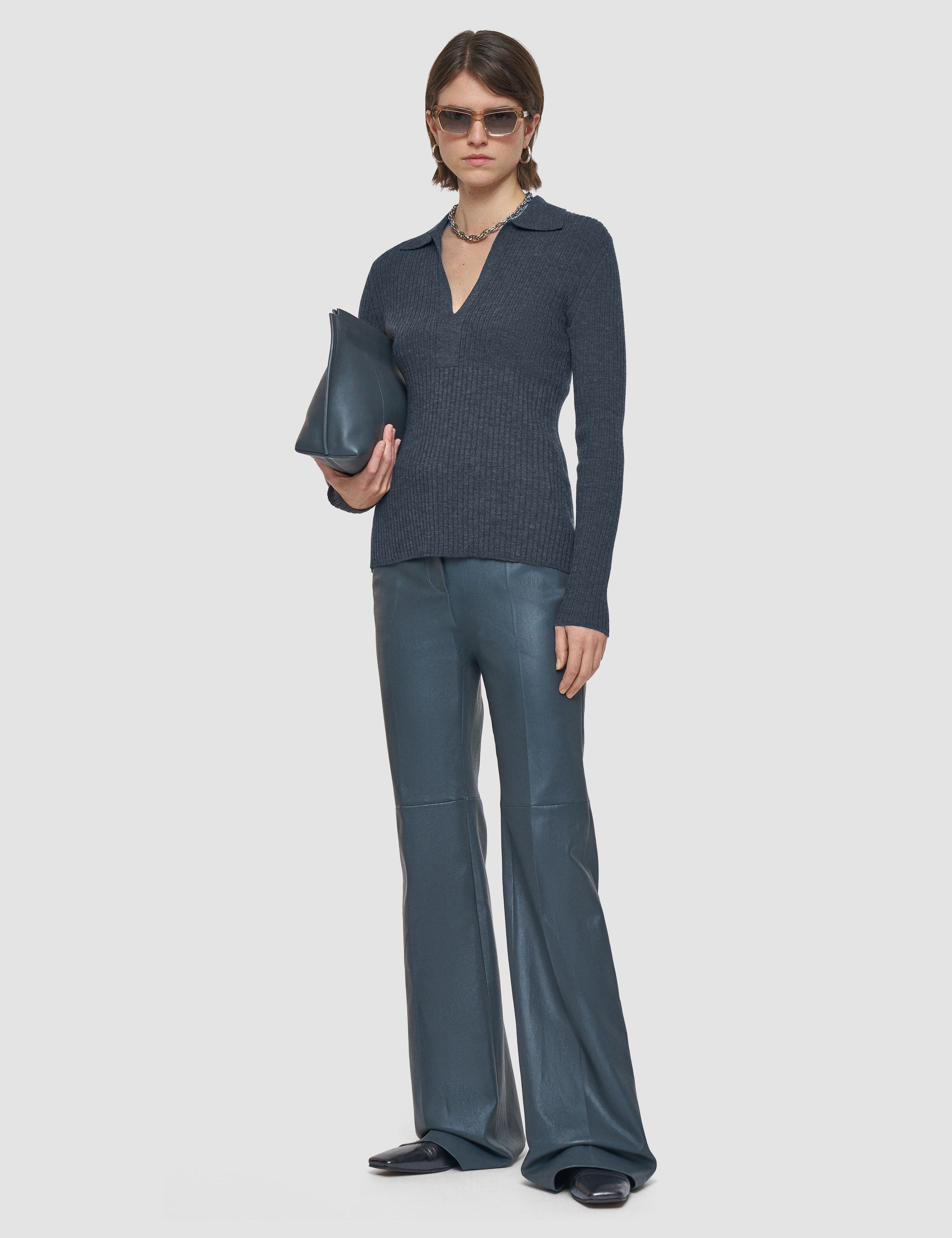 Grey Merino Rib Knit Polo Top - Joseph