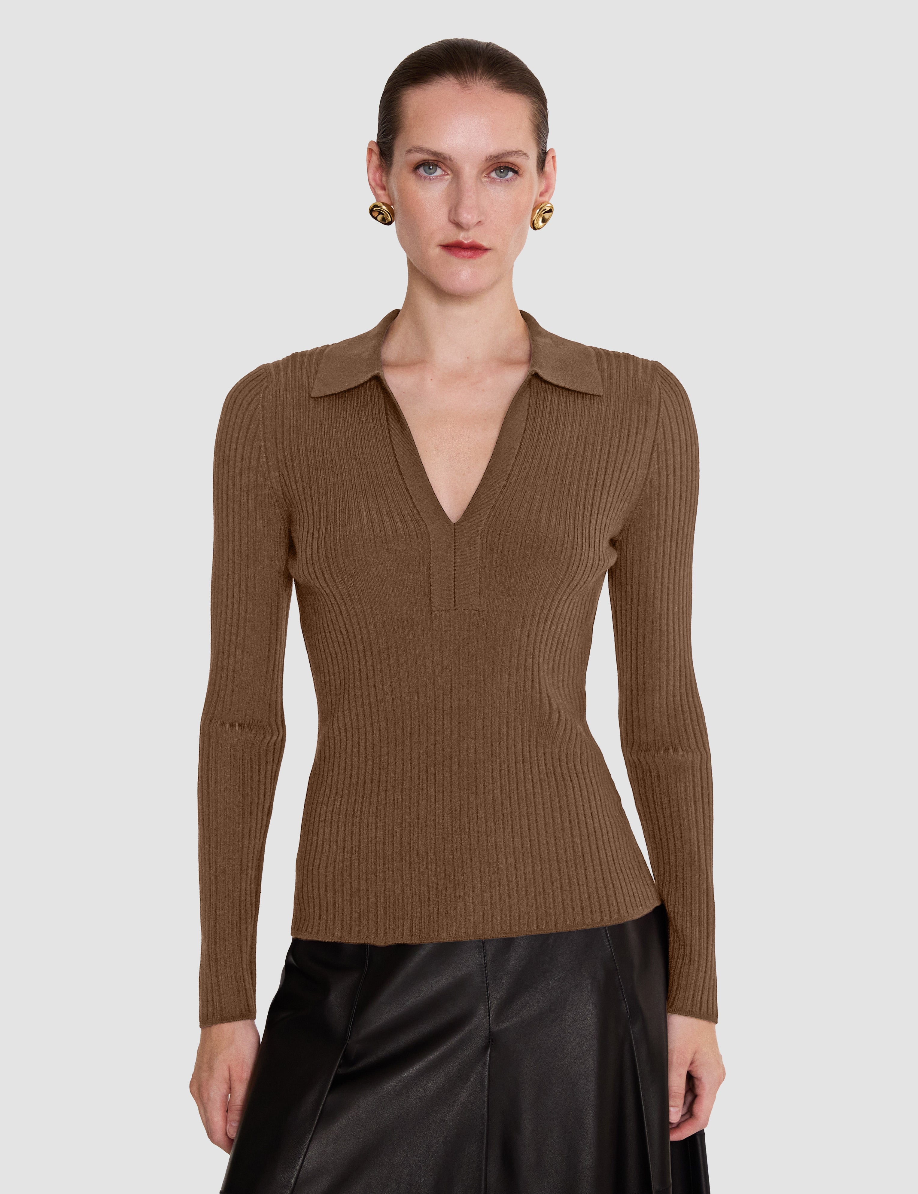 Brown Merino Wool Rib Polo - Joseph